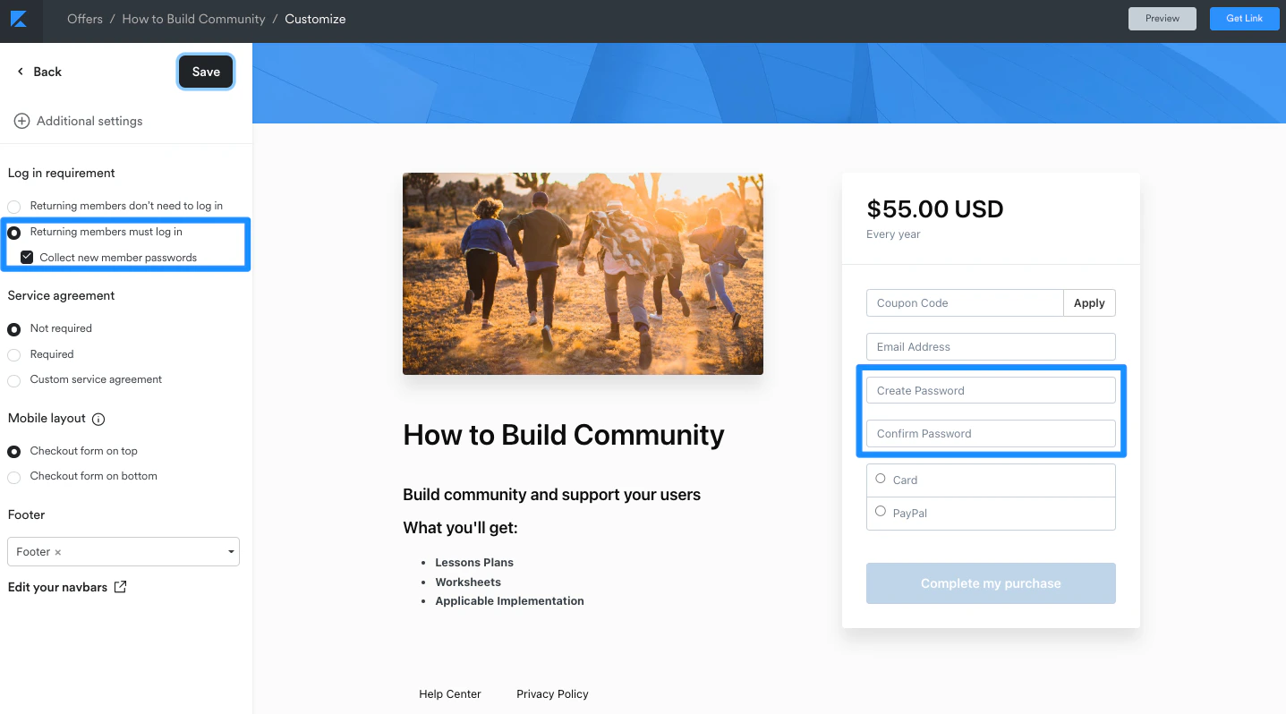 Checkout with login fields