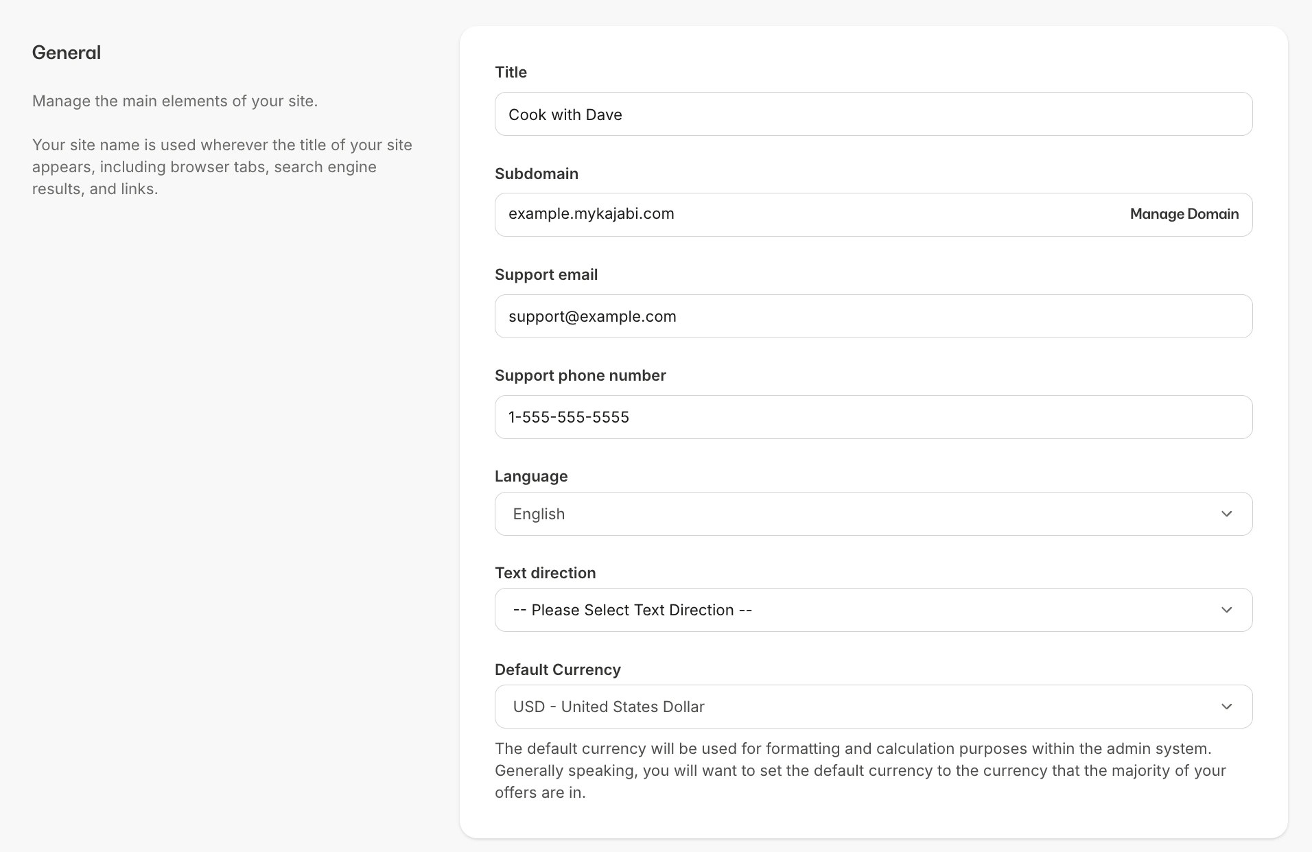 Site details settings