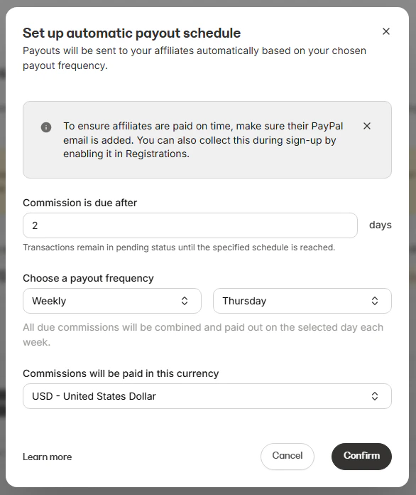 Automatic payout settings