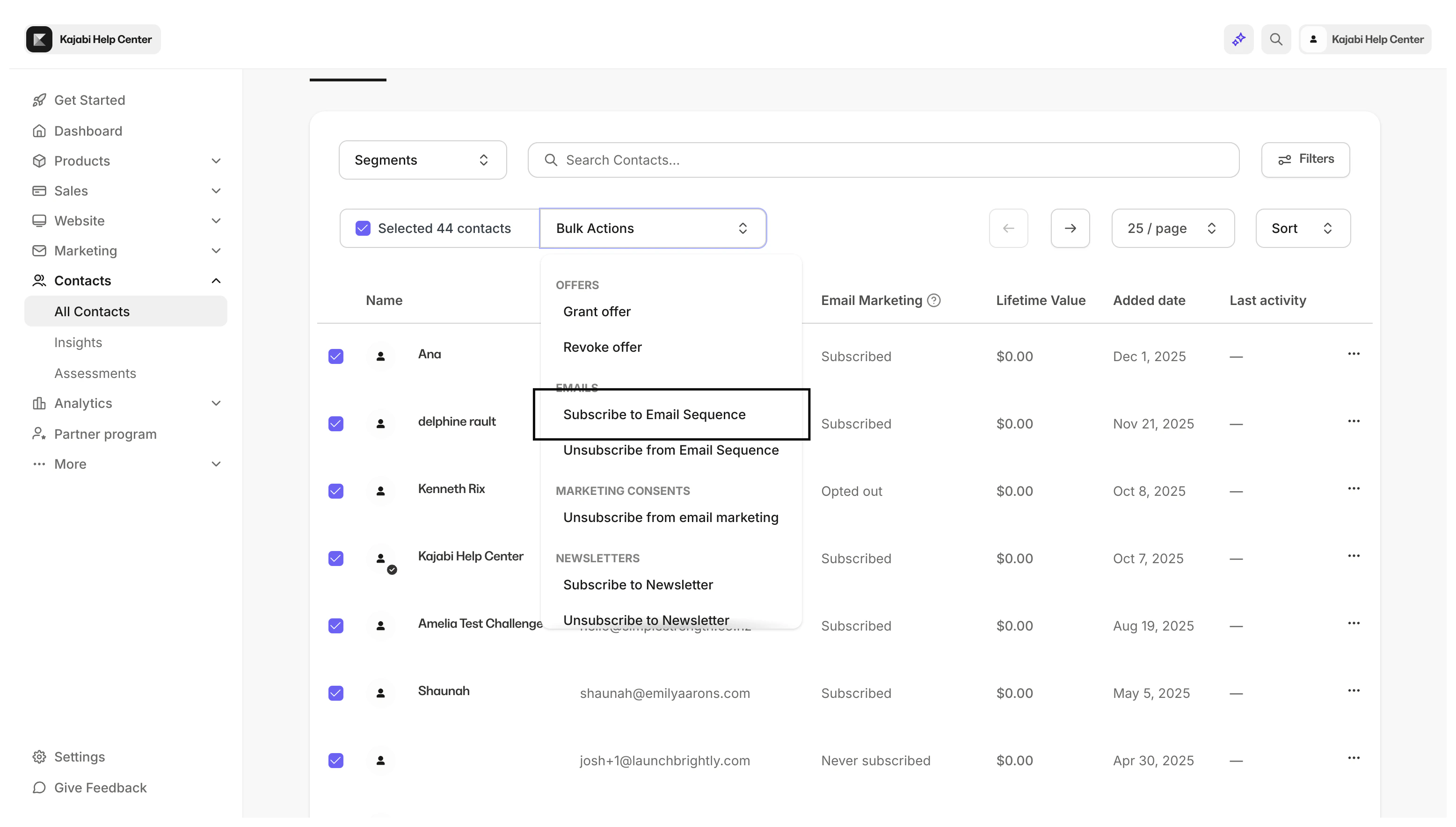 Bulk actions email sequences