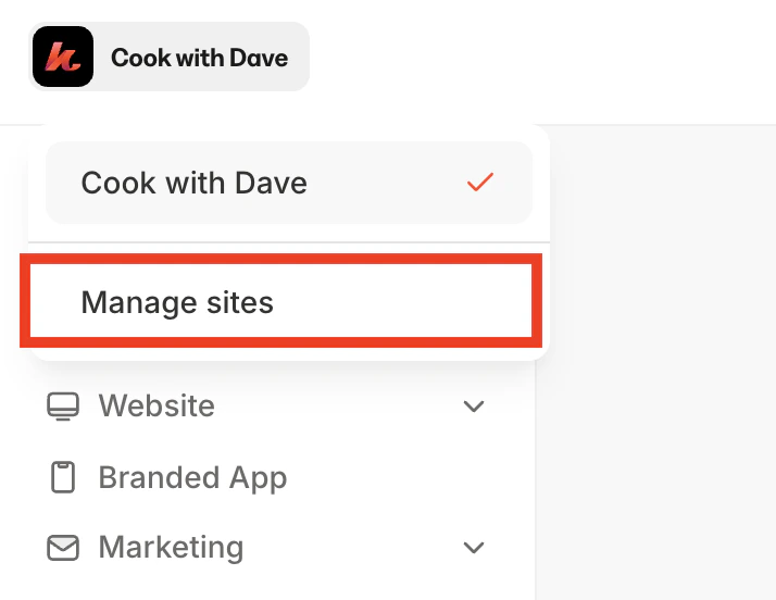 Manage sites dropdown