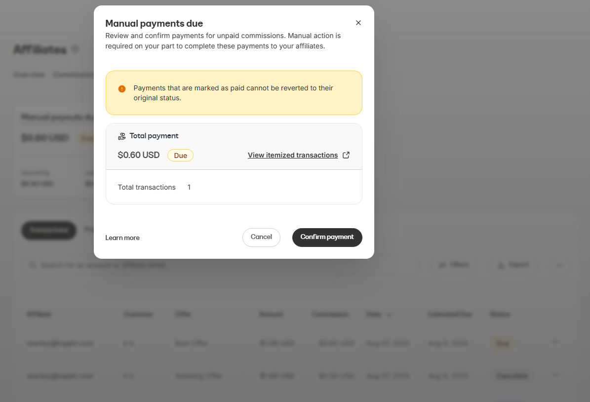 Itemized transactions