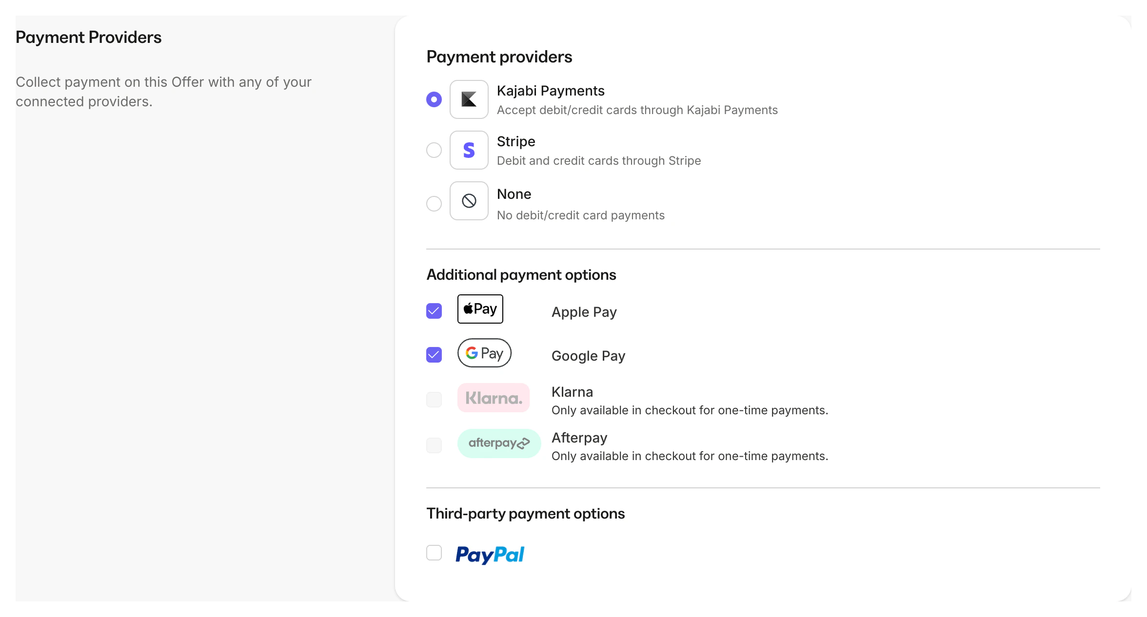 Payment options available with Kajabi Payments