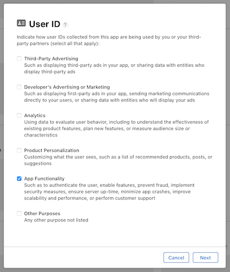 User ID App Functionality