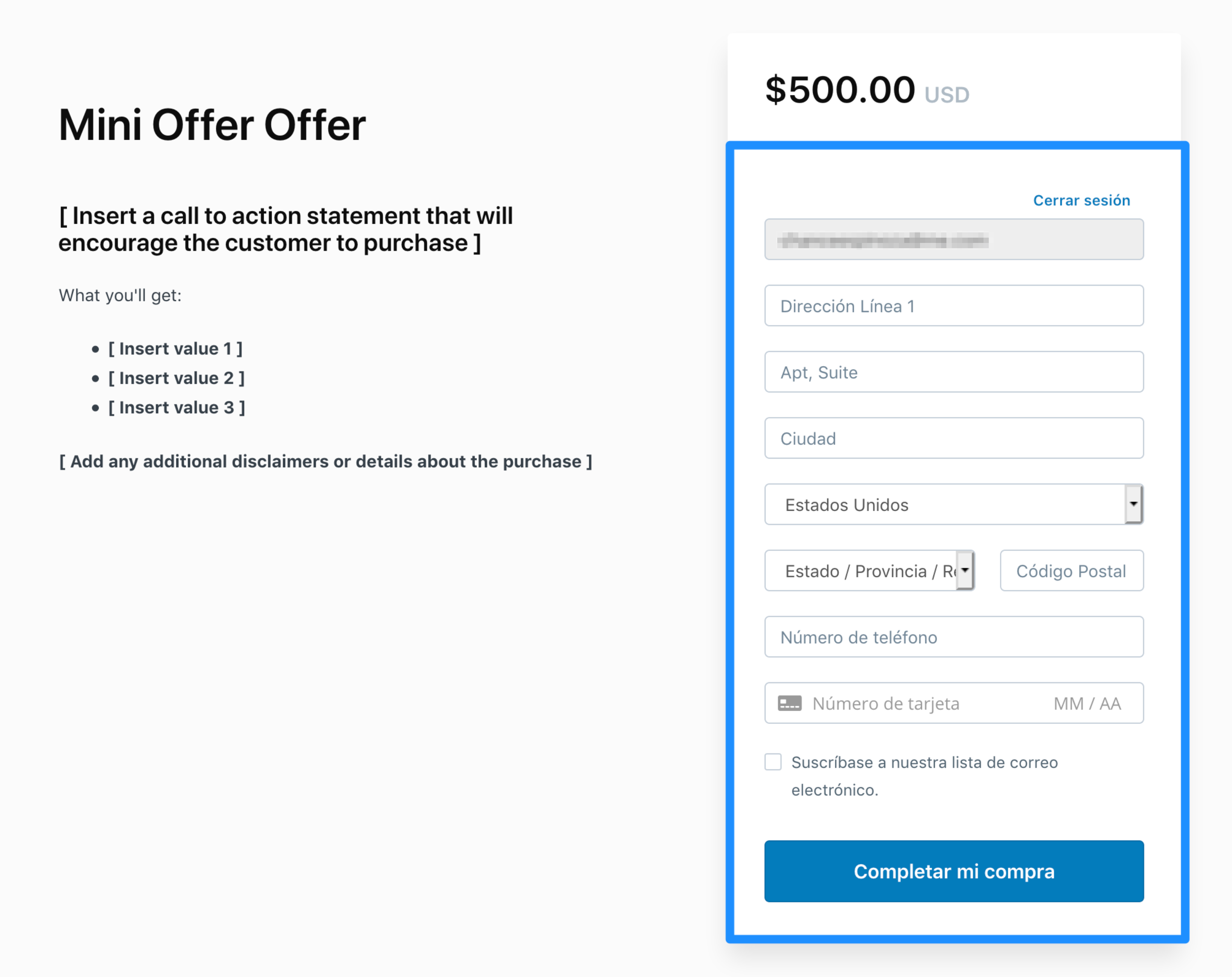 Checkout form text
