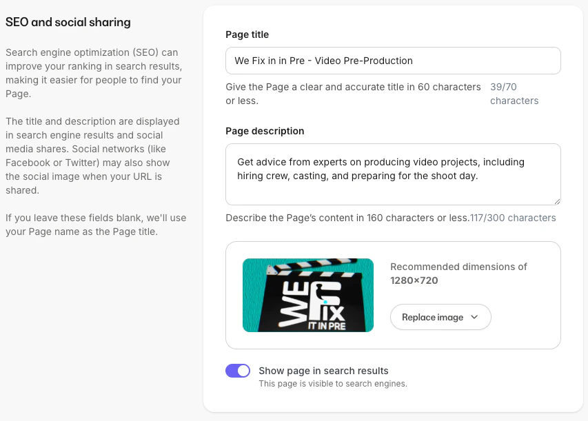 seo and social sharing settings