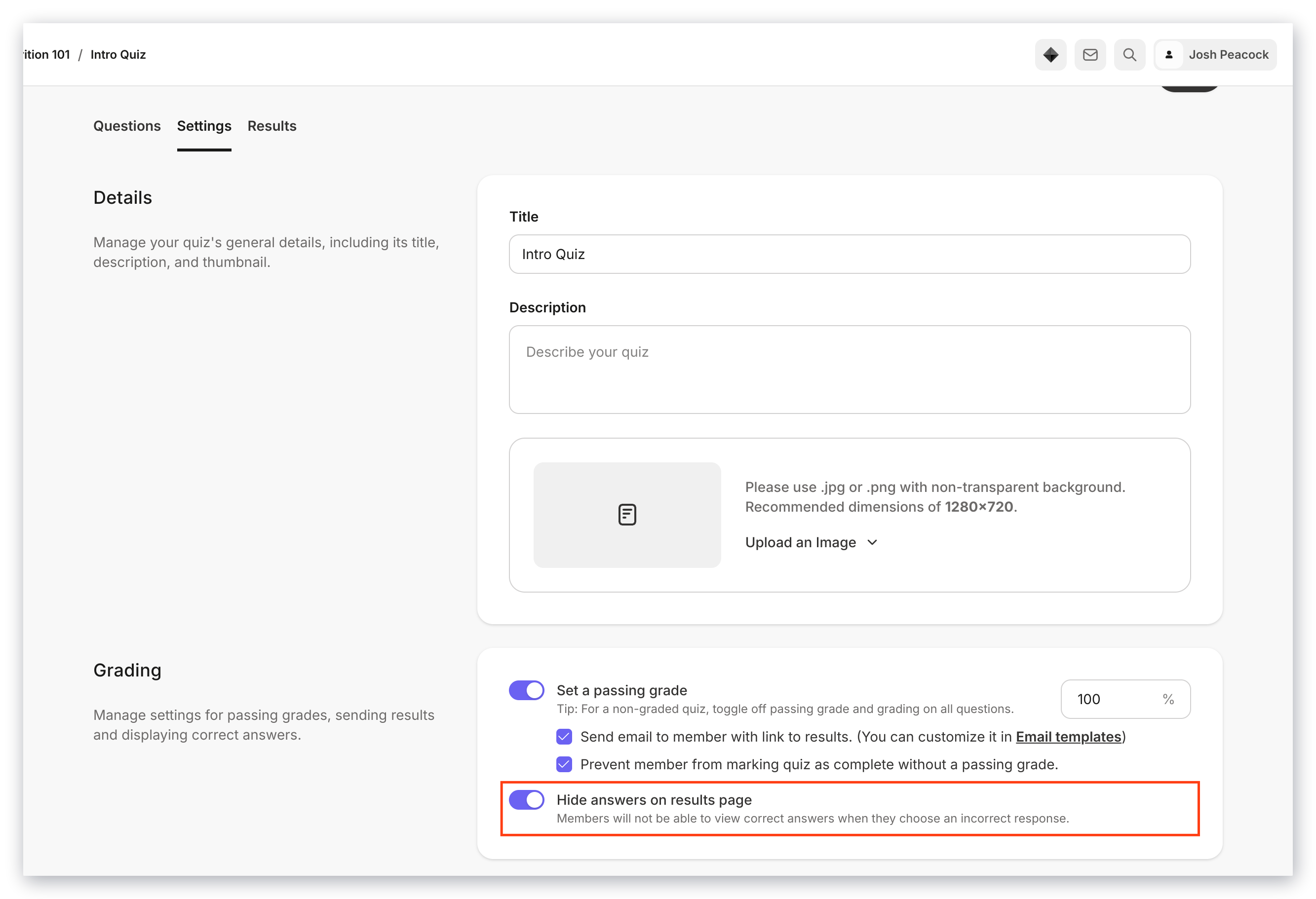Hide answers setting