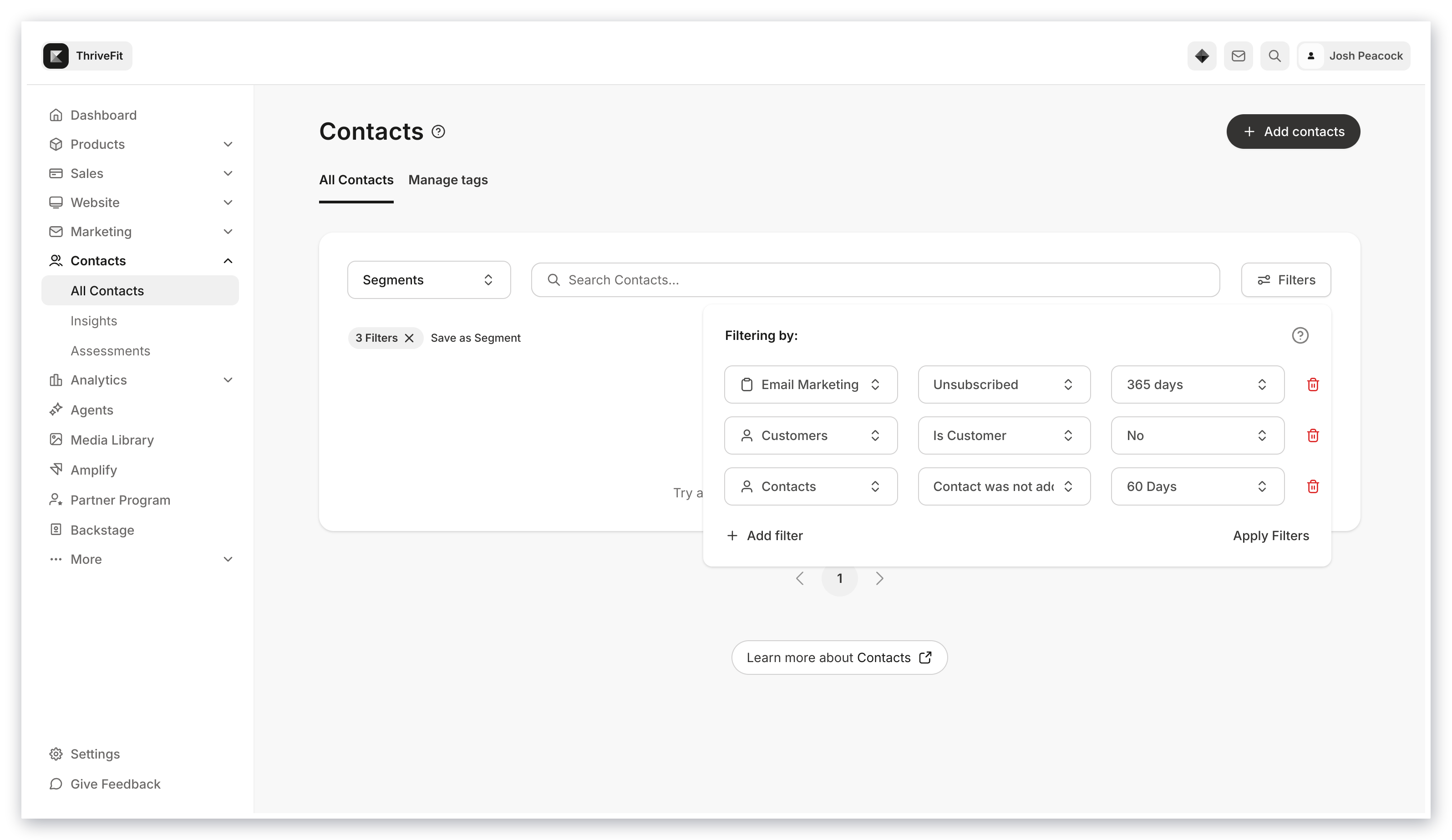 Delete contacts filter example
