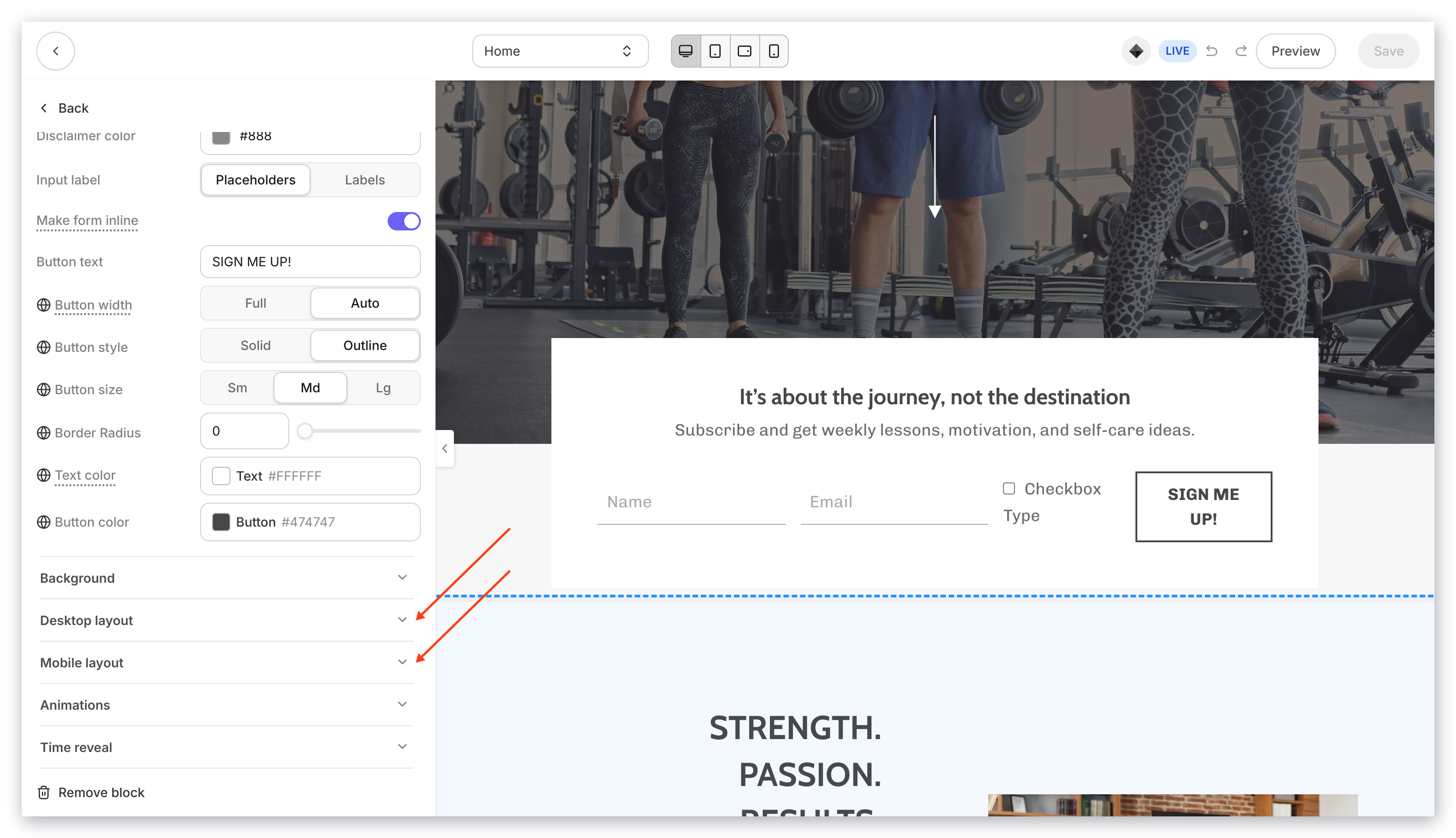 Section Layout Settings