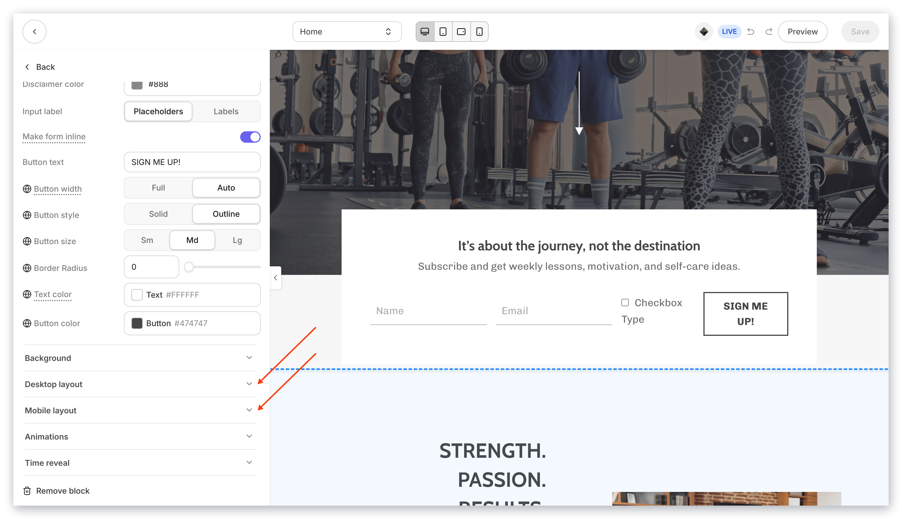 Section Layout Settings