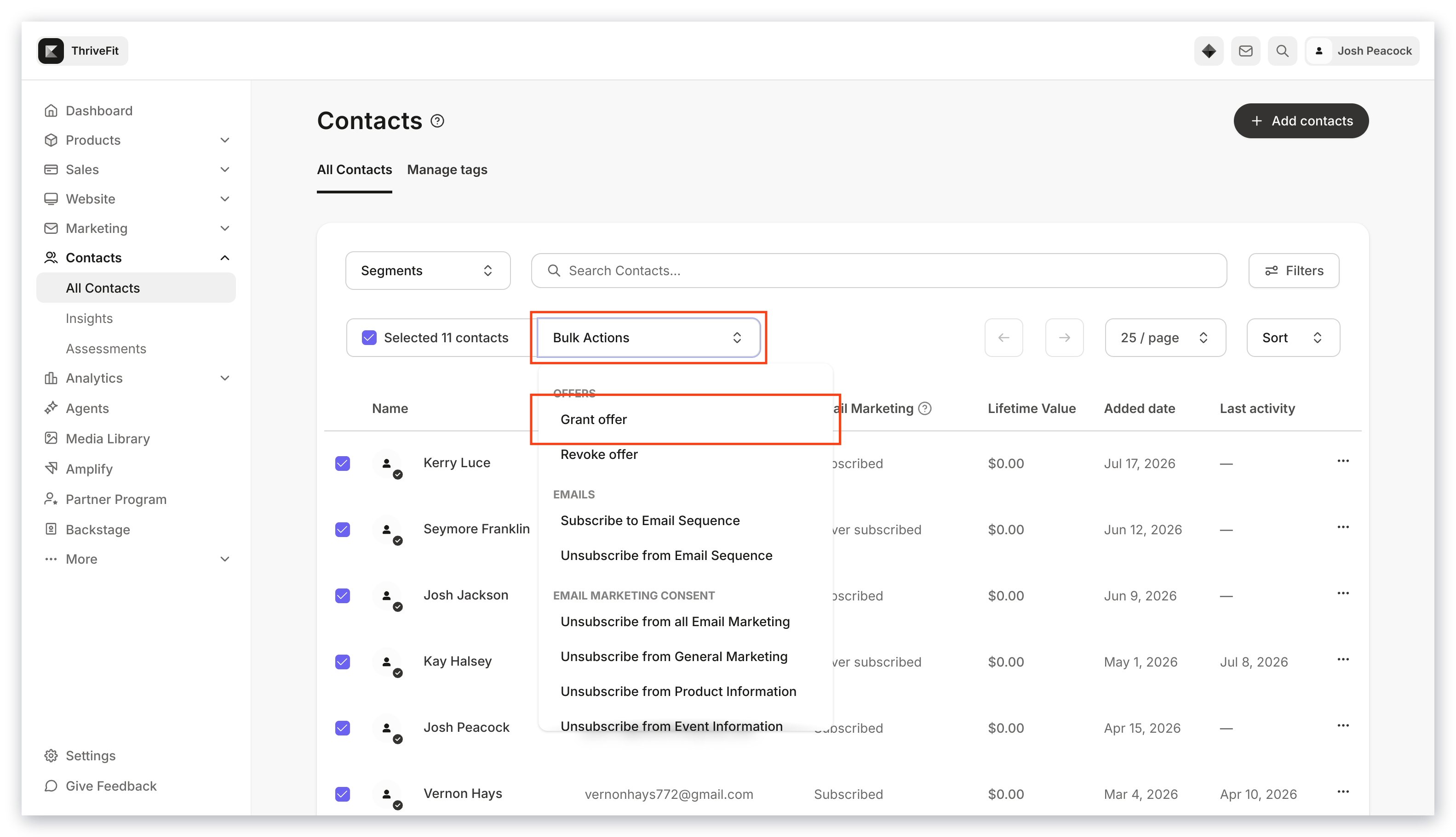 Bulk Actions menu