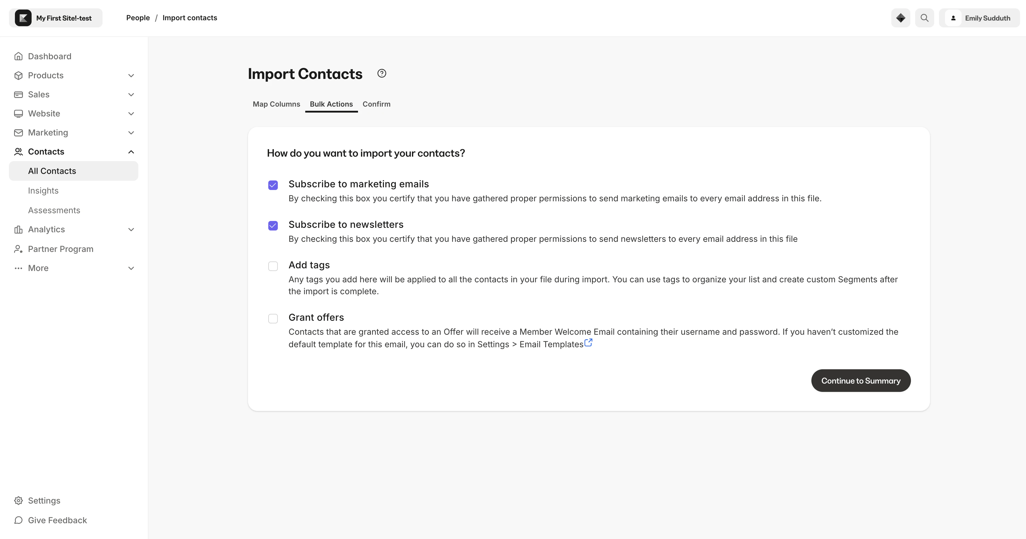 Import contact bulk actions