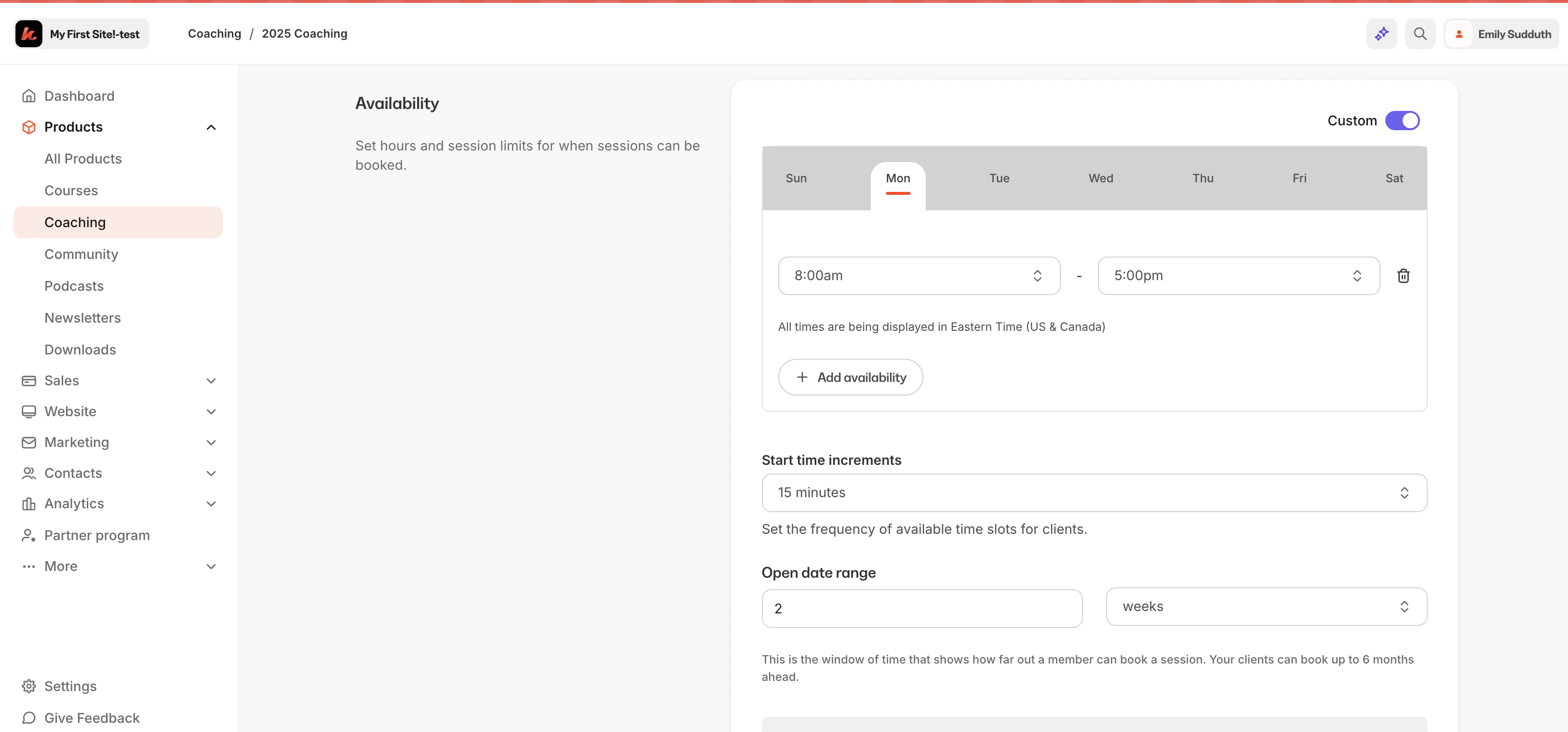 Custom Availability Settings