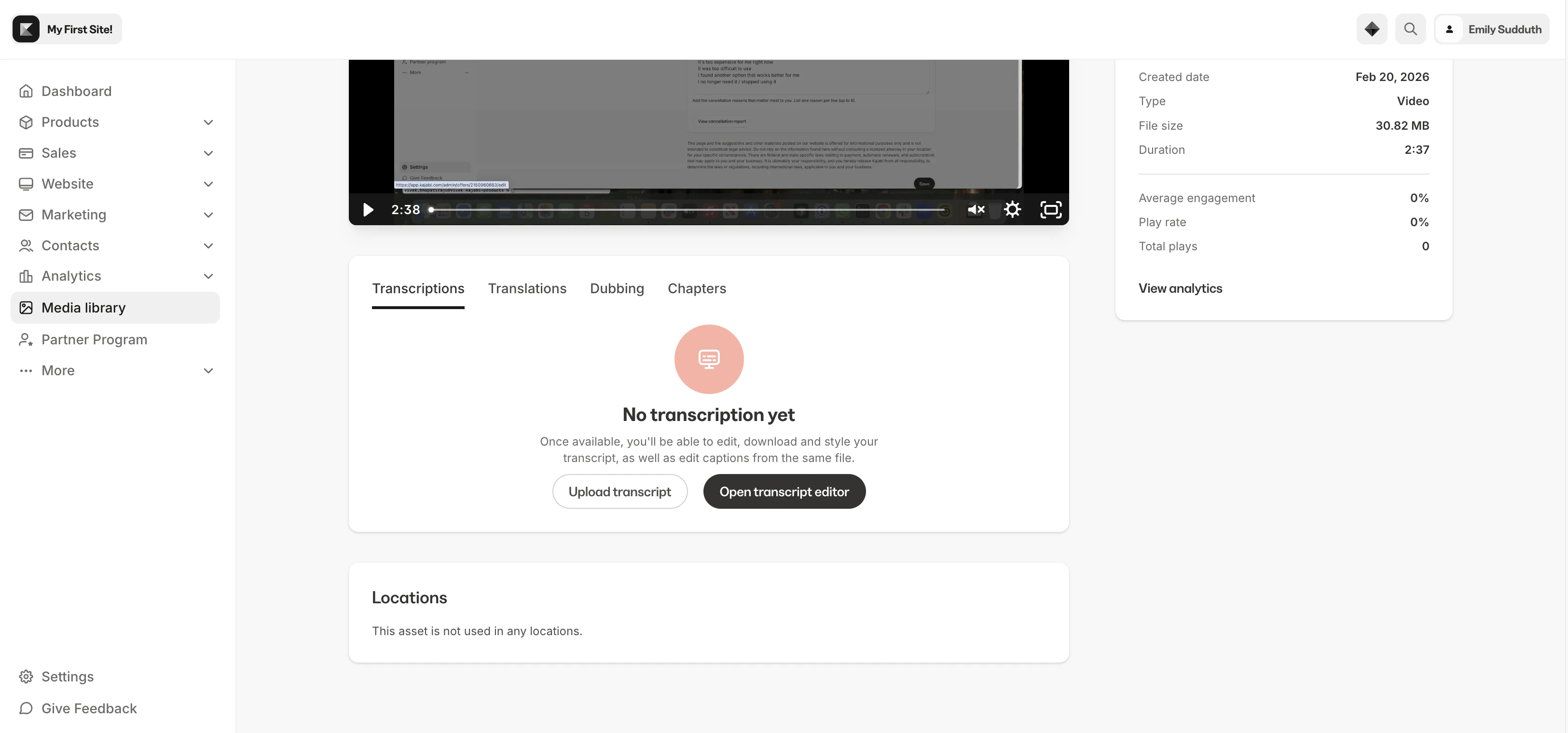 Transcripts, translations, and dubbing options on an asset detail page