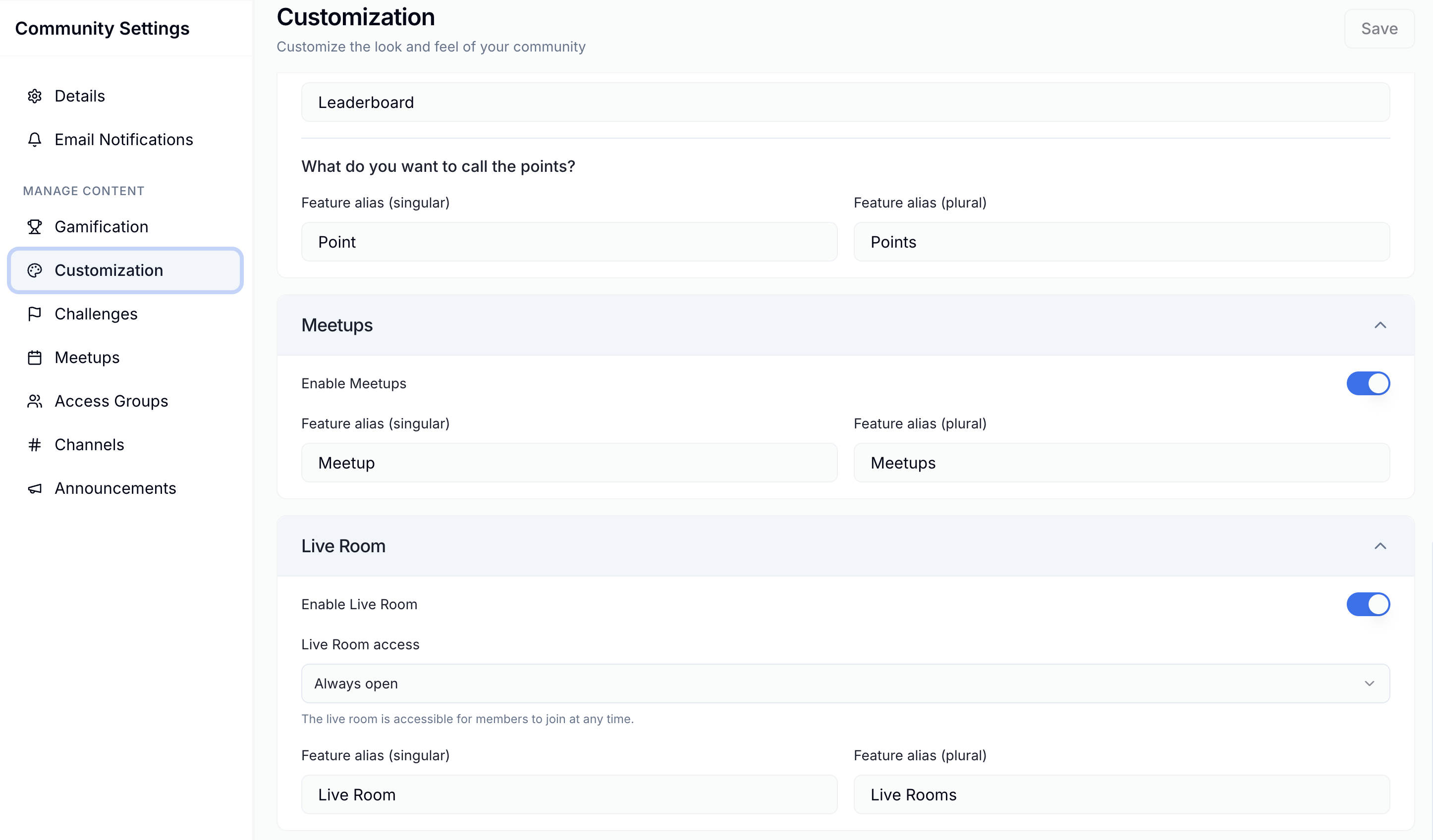 Community Settings Disable Live Room