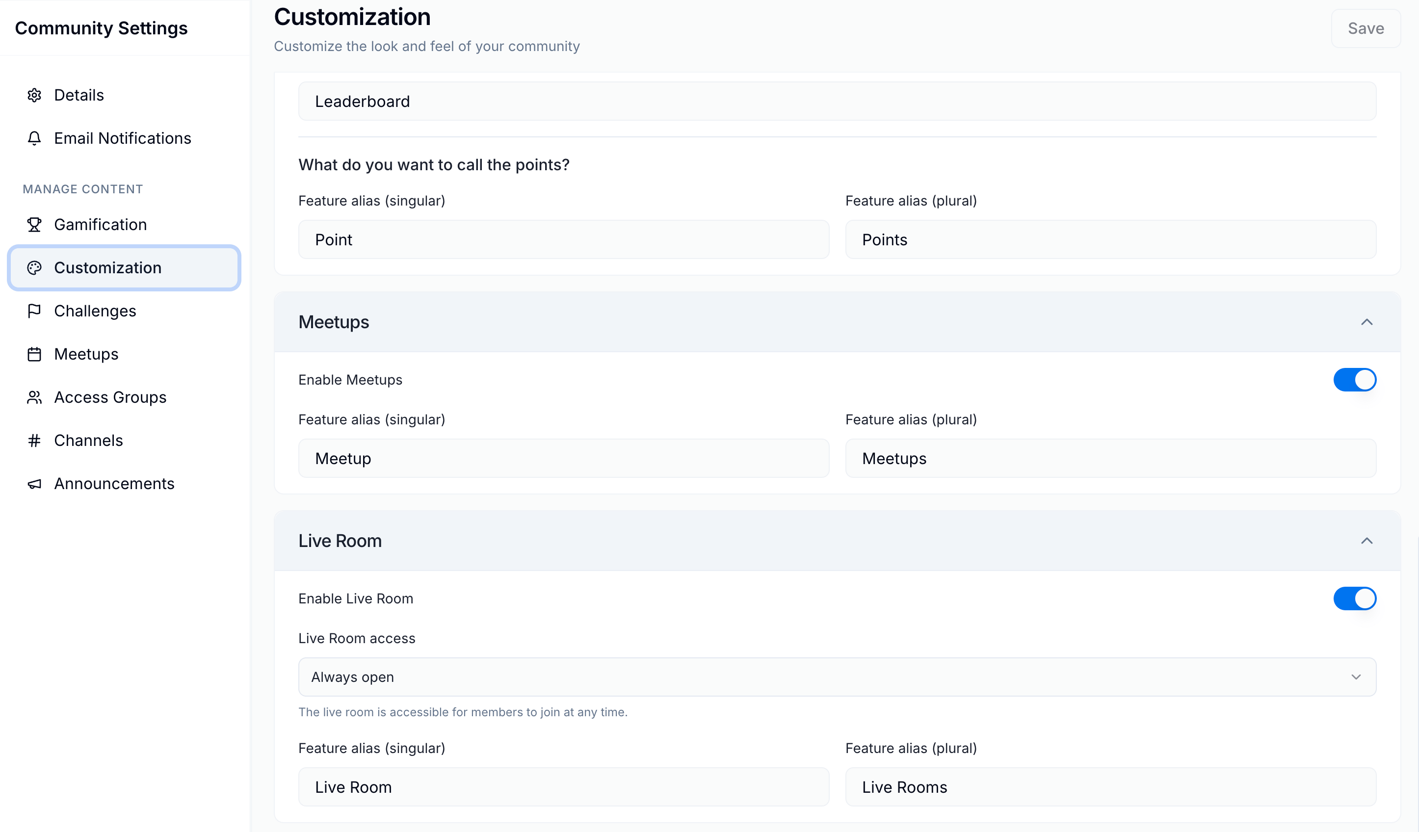 Community Settings Disable Live Room