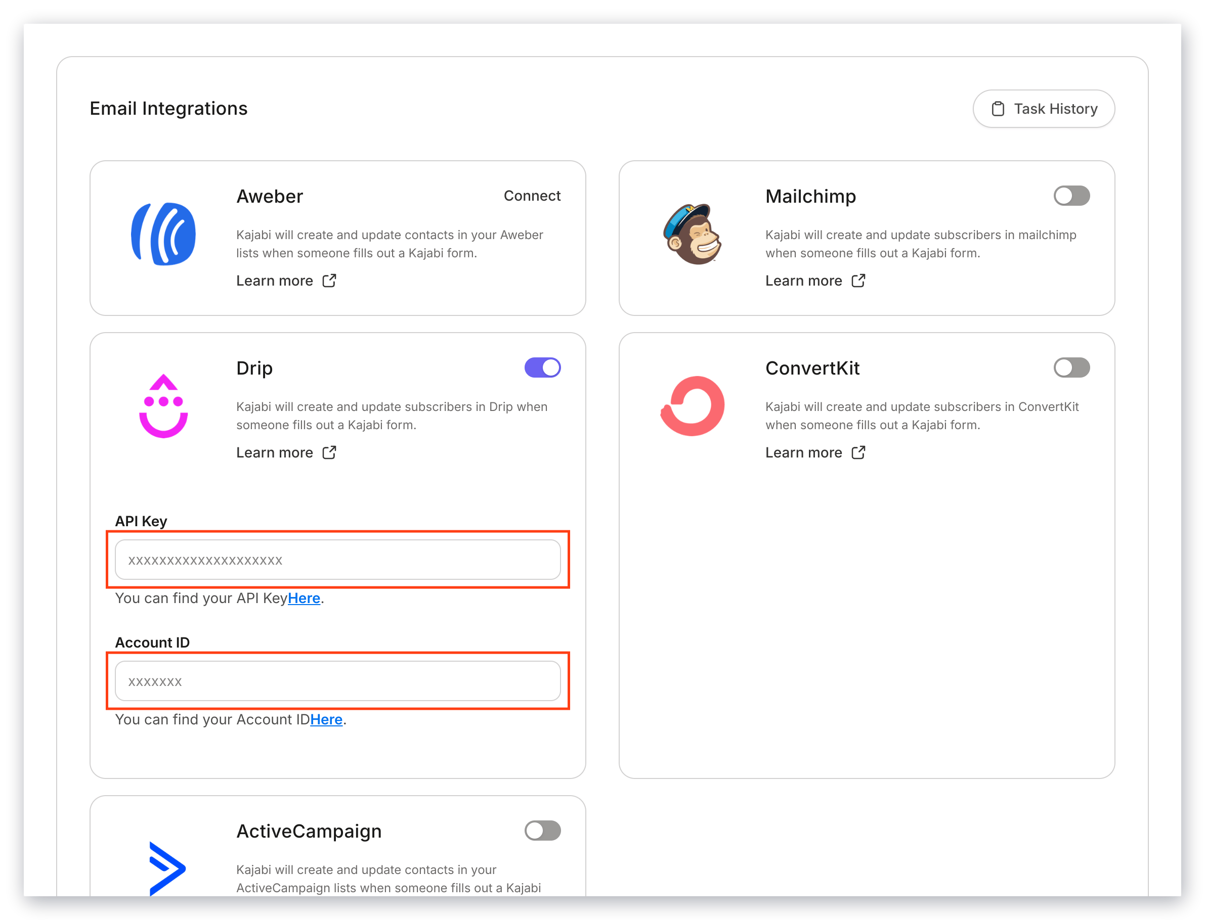 Drip Integration Settings