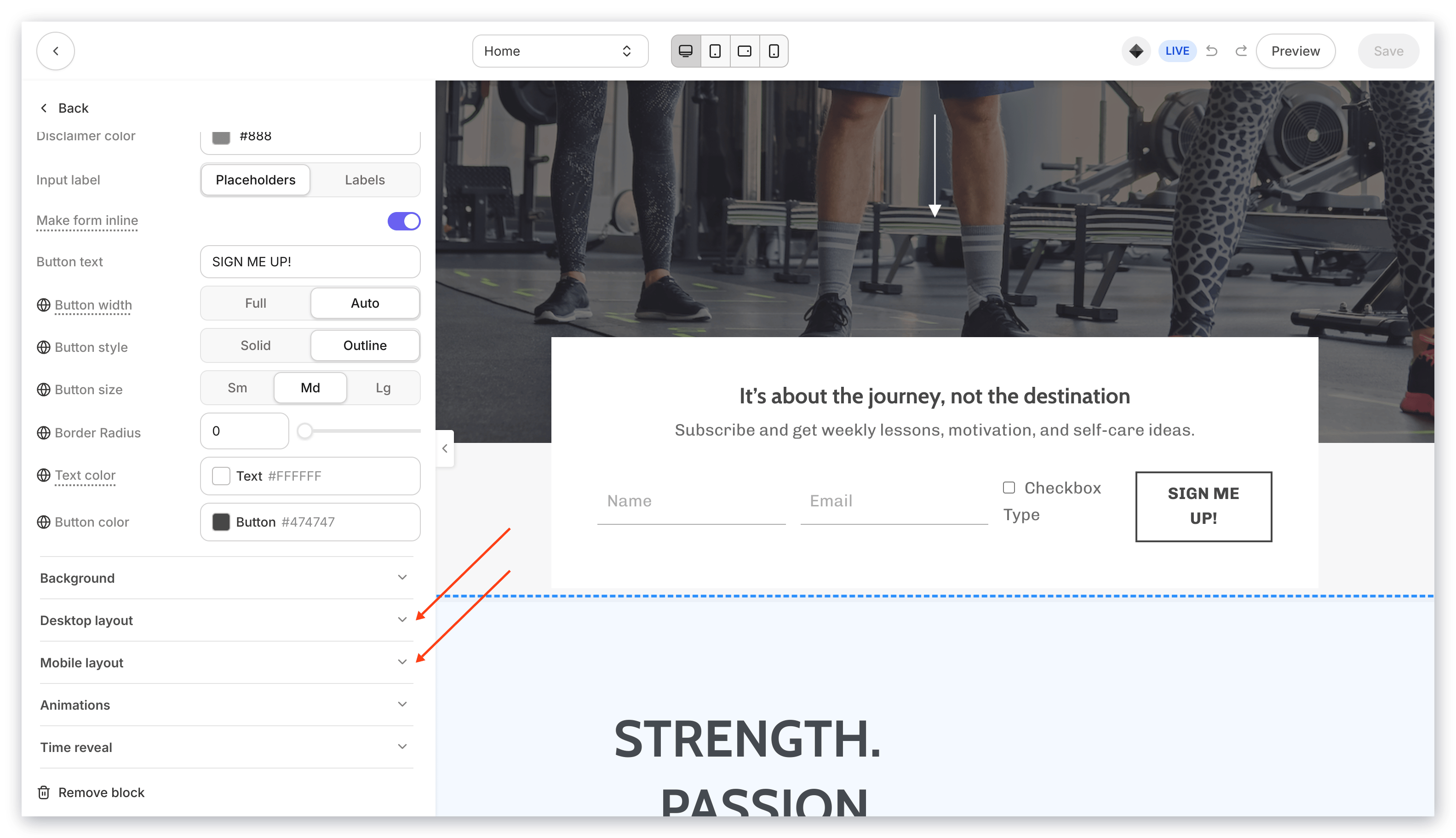 Section Layout Settings