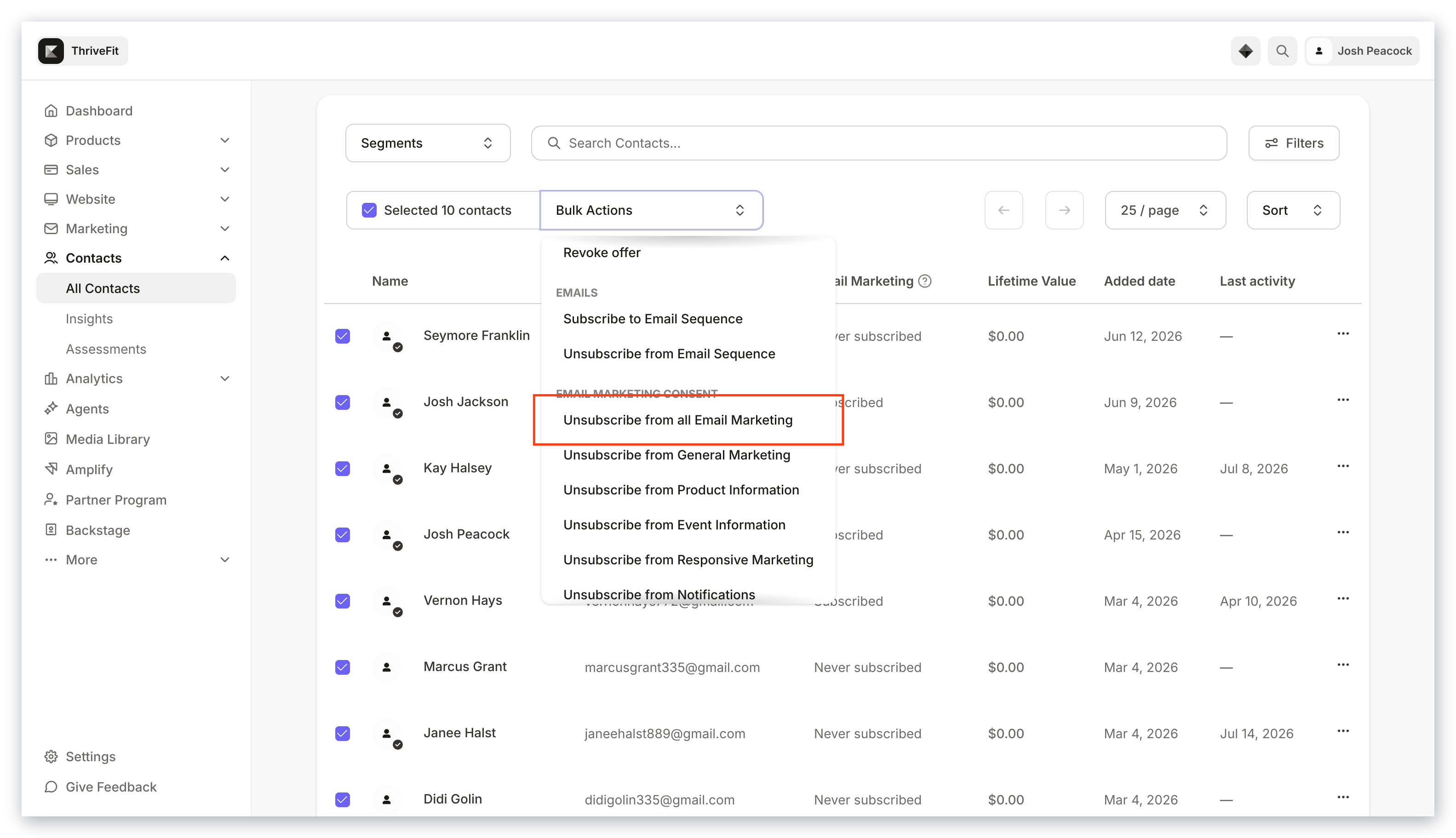 Bulk actions unsubscribe