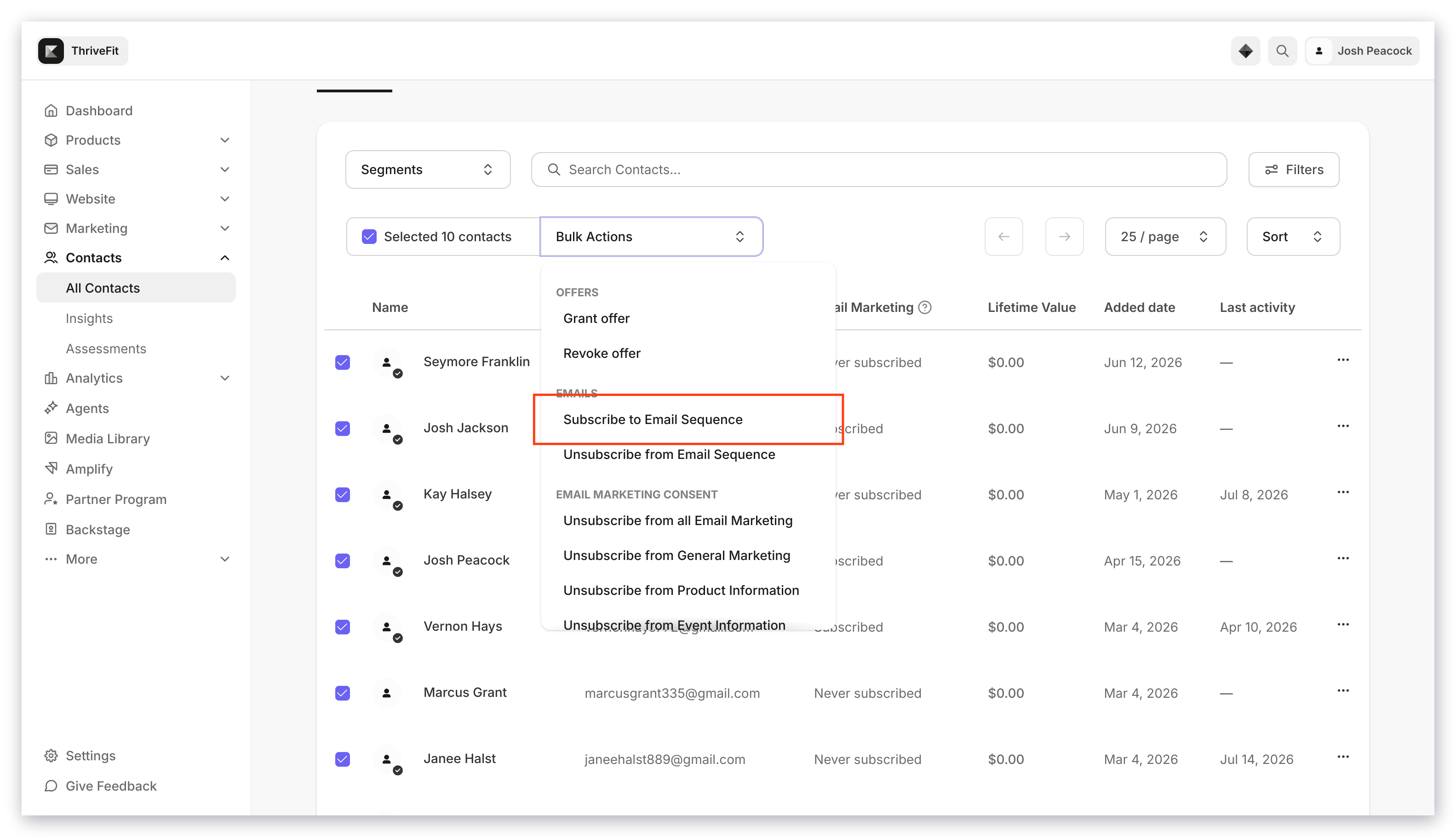 Bulk actions email sequences