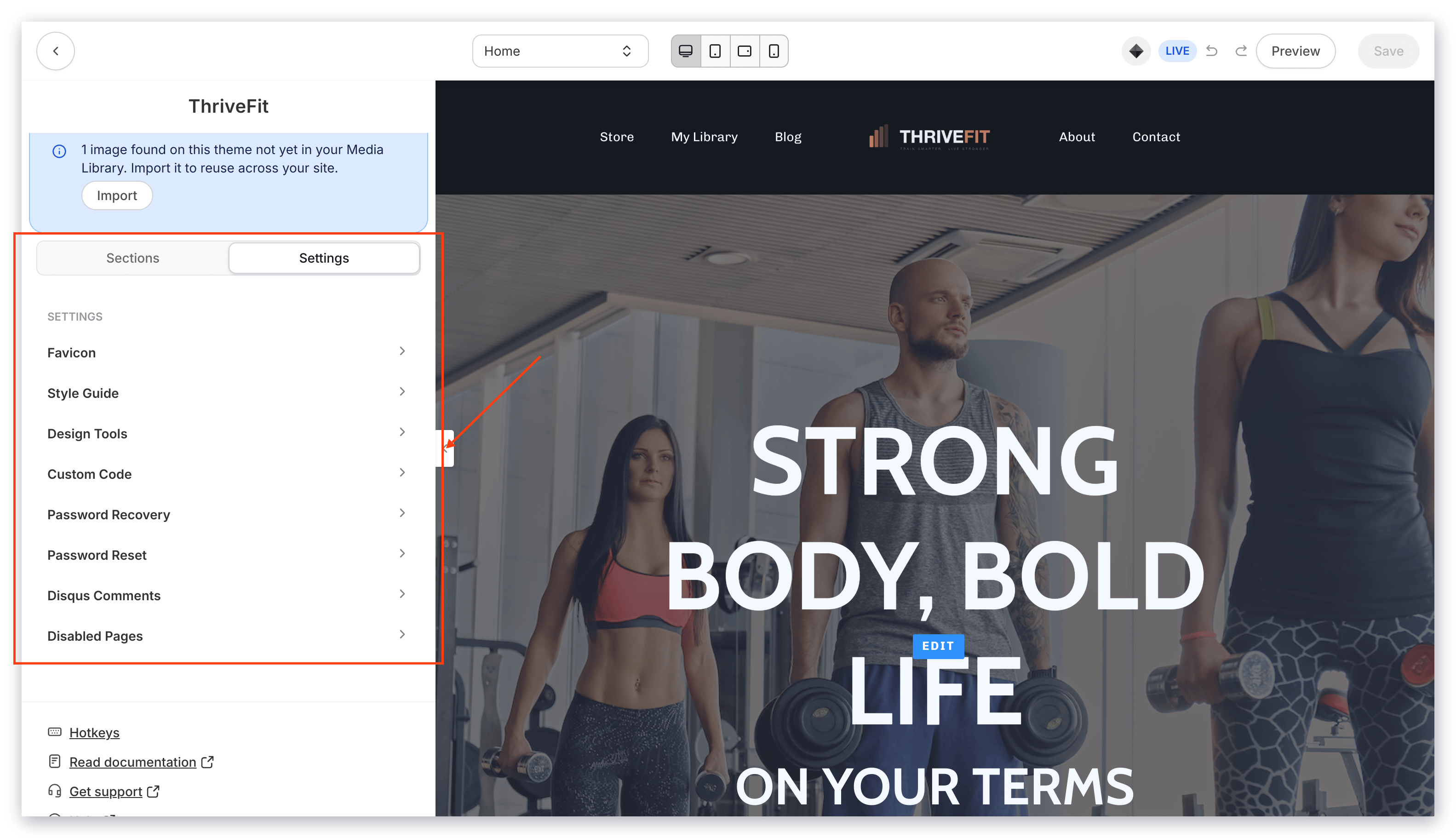 Website settings panel