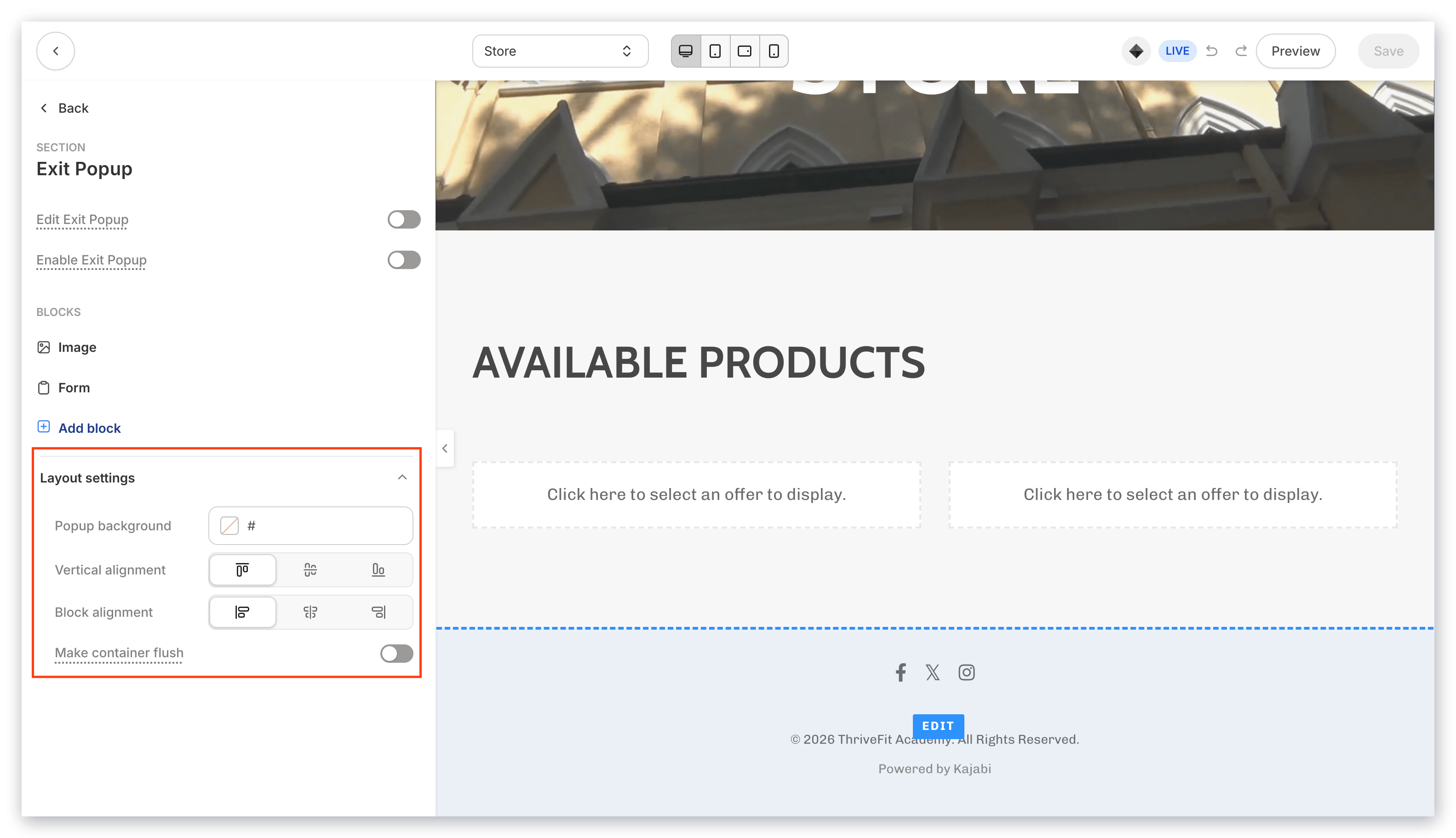 Popup Layout Settings