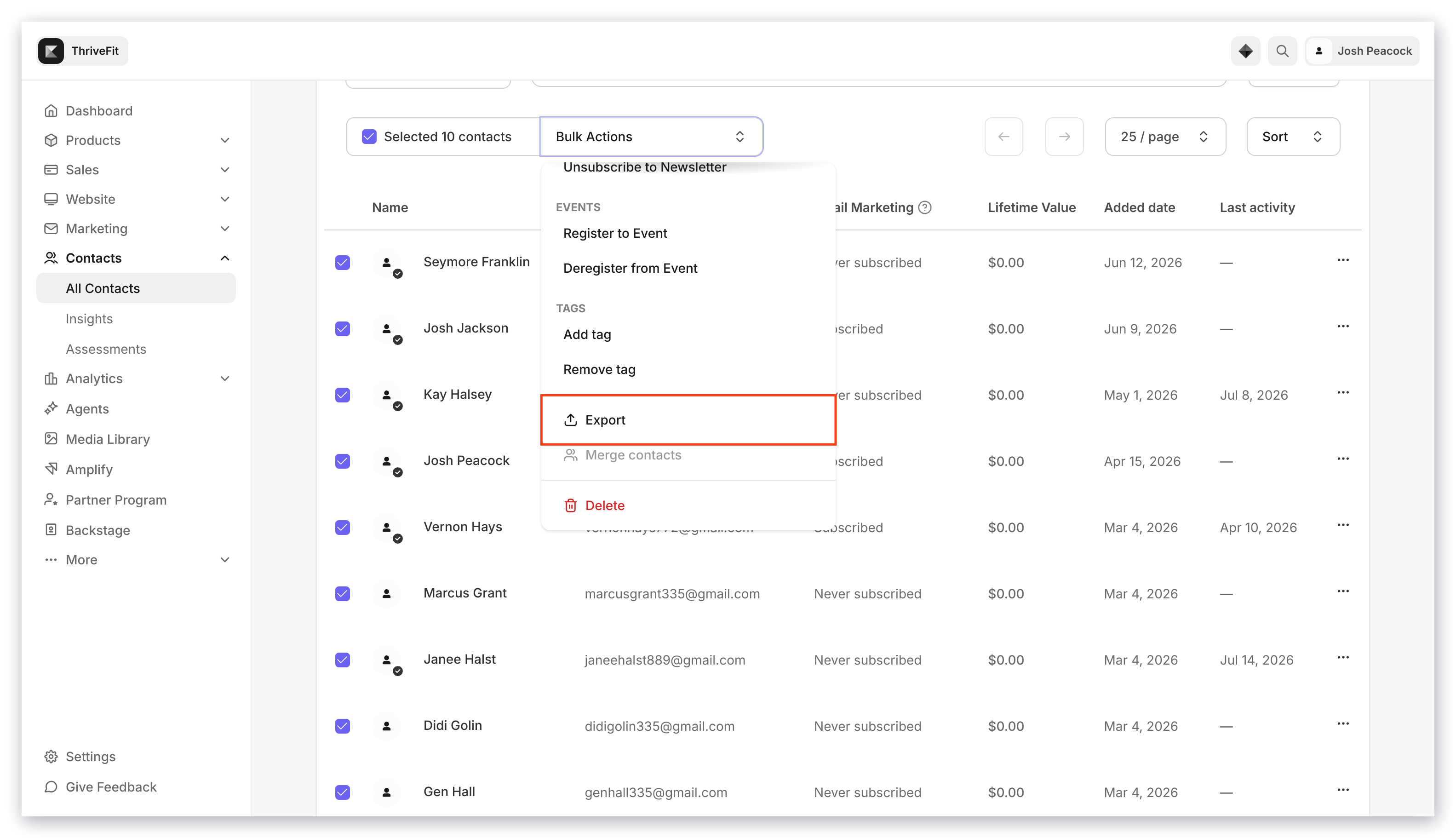 Bulk actions export