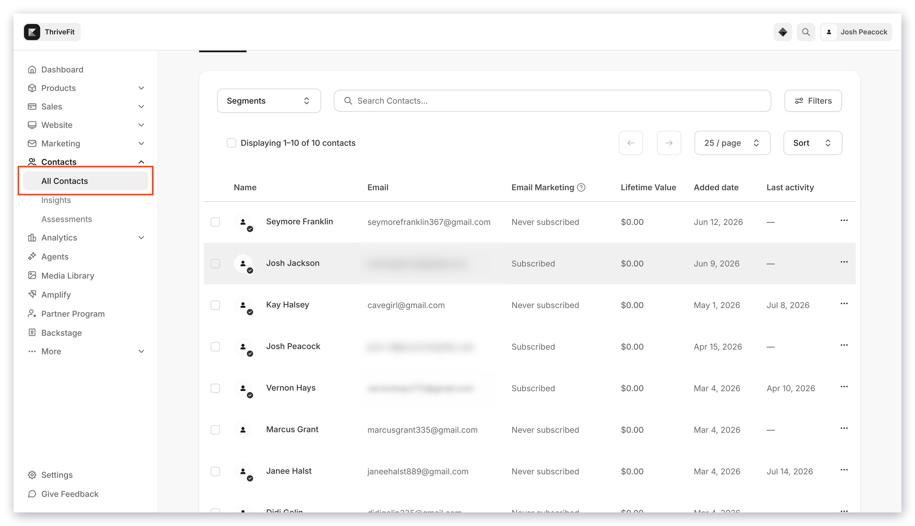Contacts tab overview