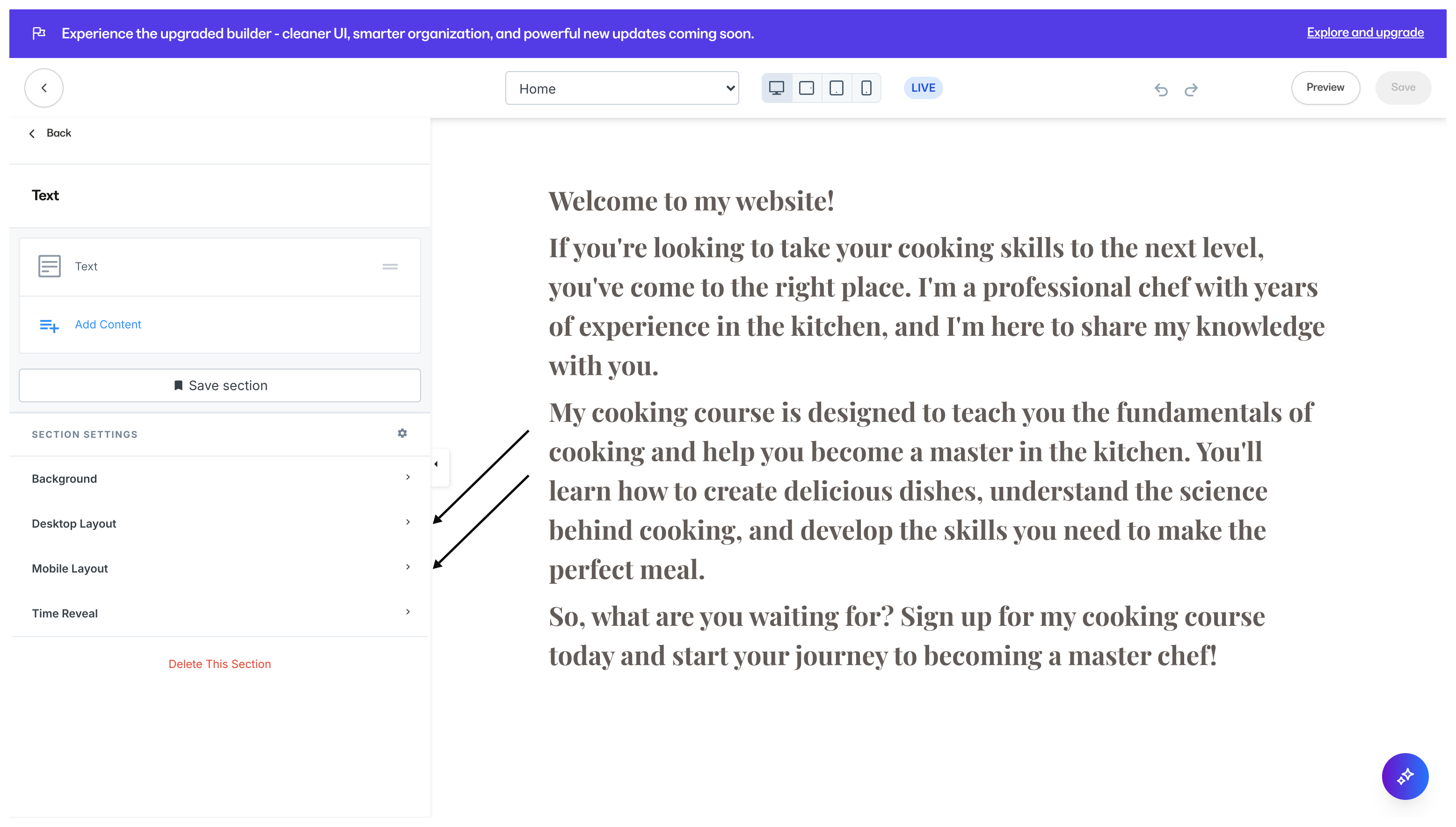 Section Layout Settings