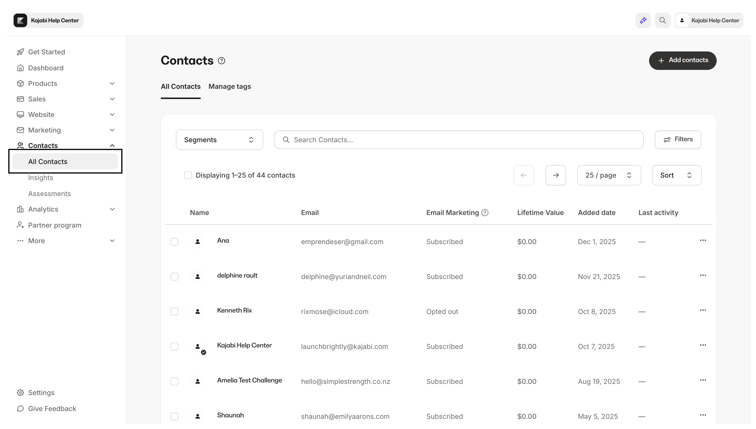 Kajabi Contacts page