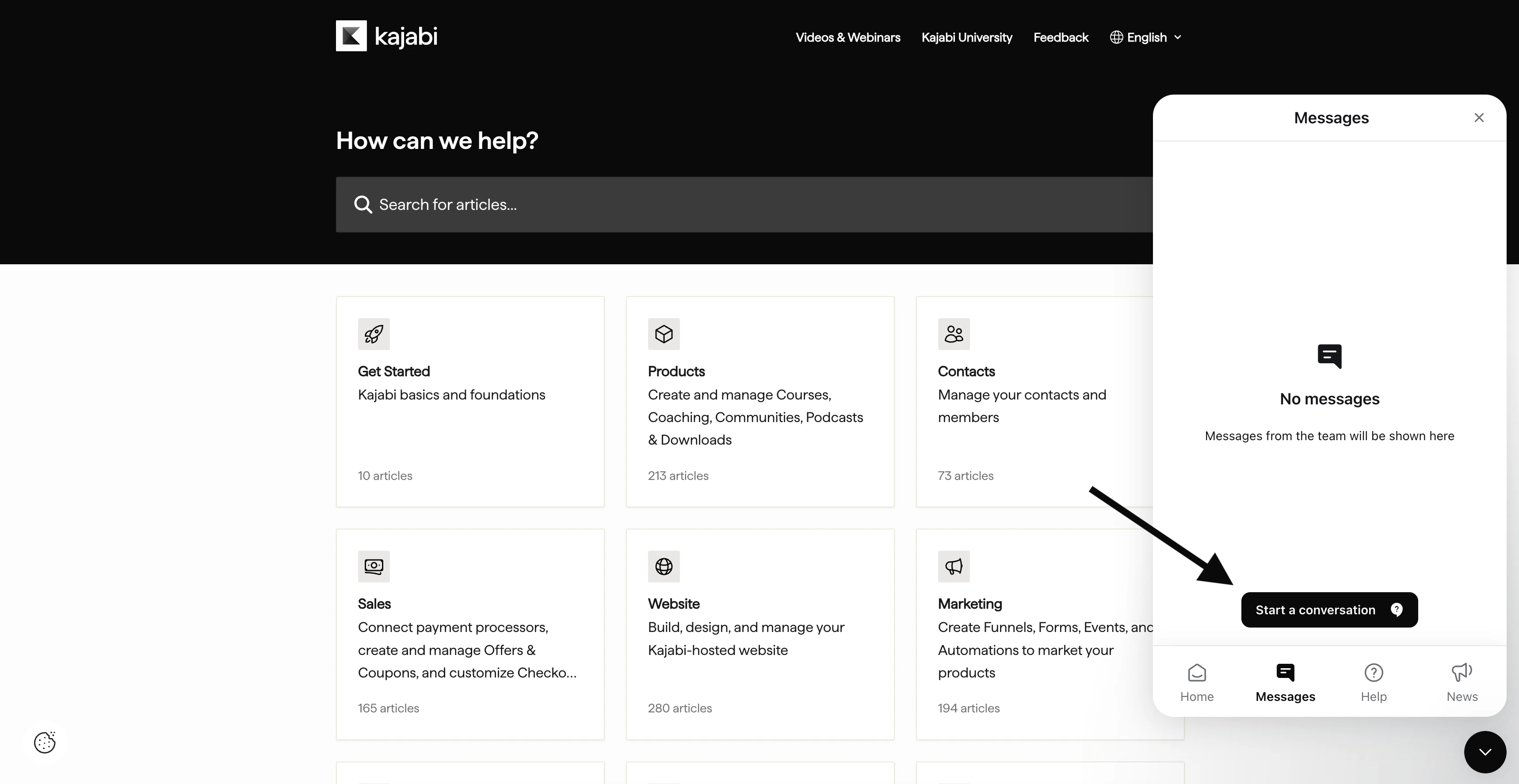 Click start a conversation in the messages tab of widget to start a conversation.