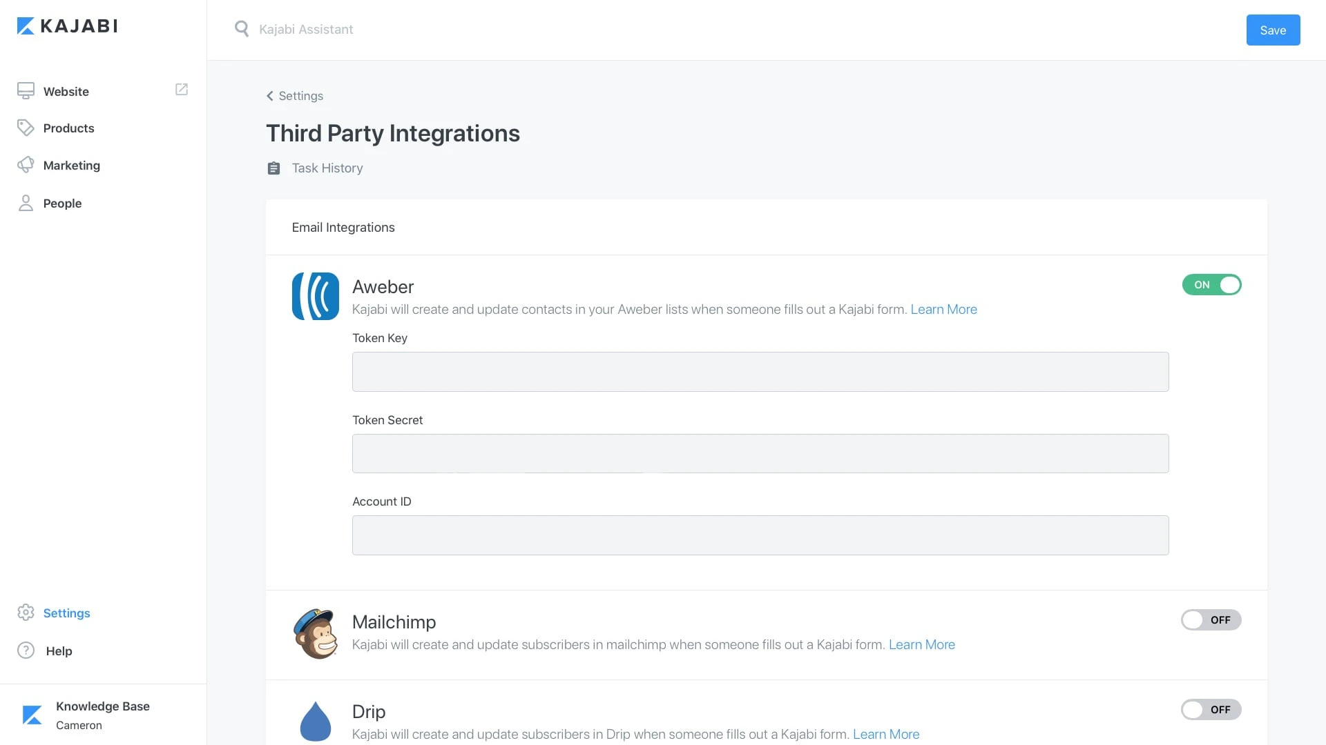 AWeber integration tokens