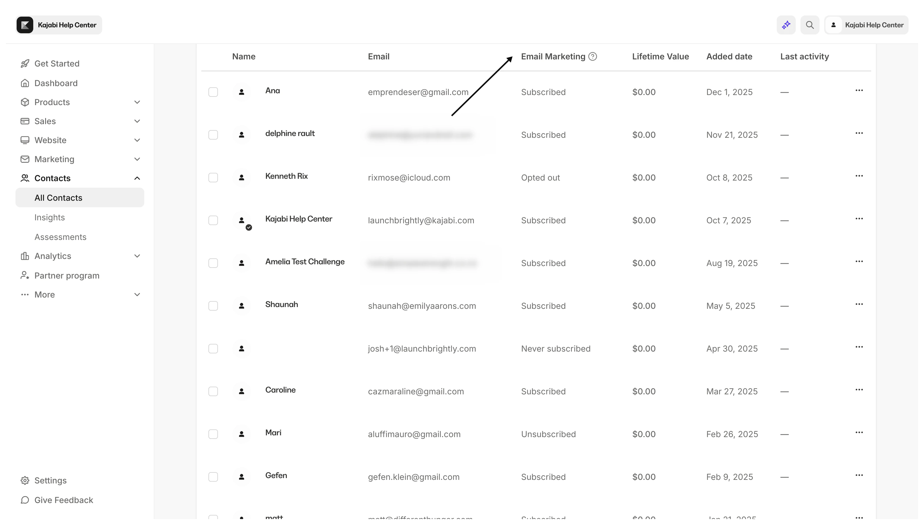Subscription status in Contacts tab