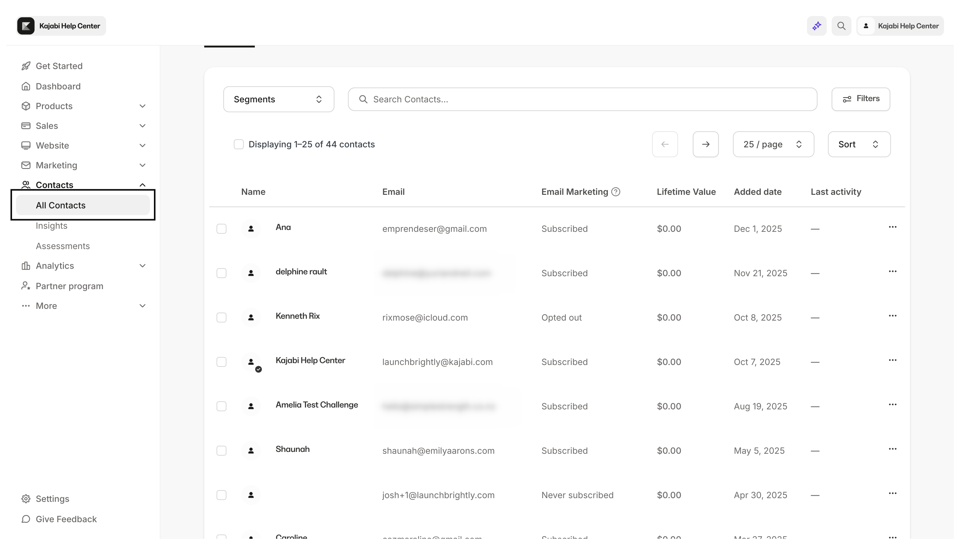 Contacts tab overview