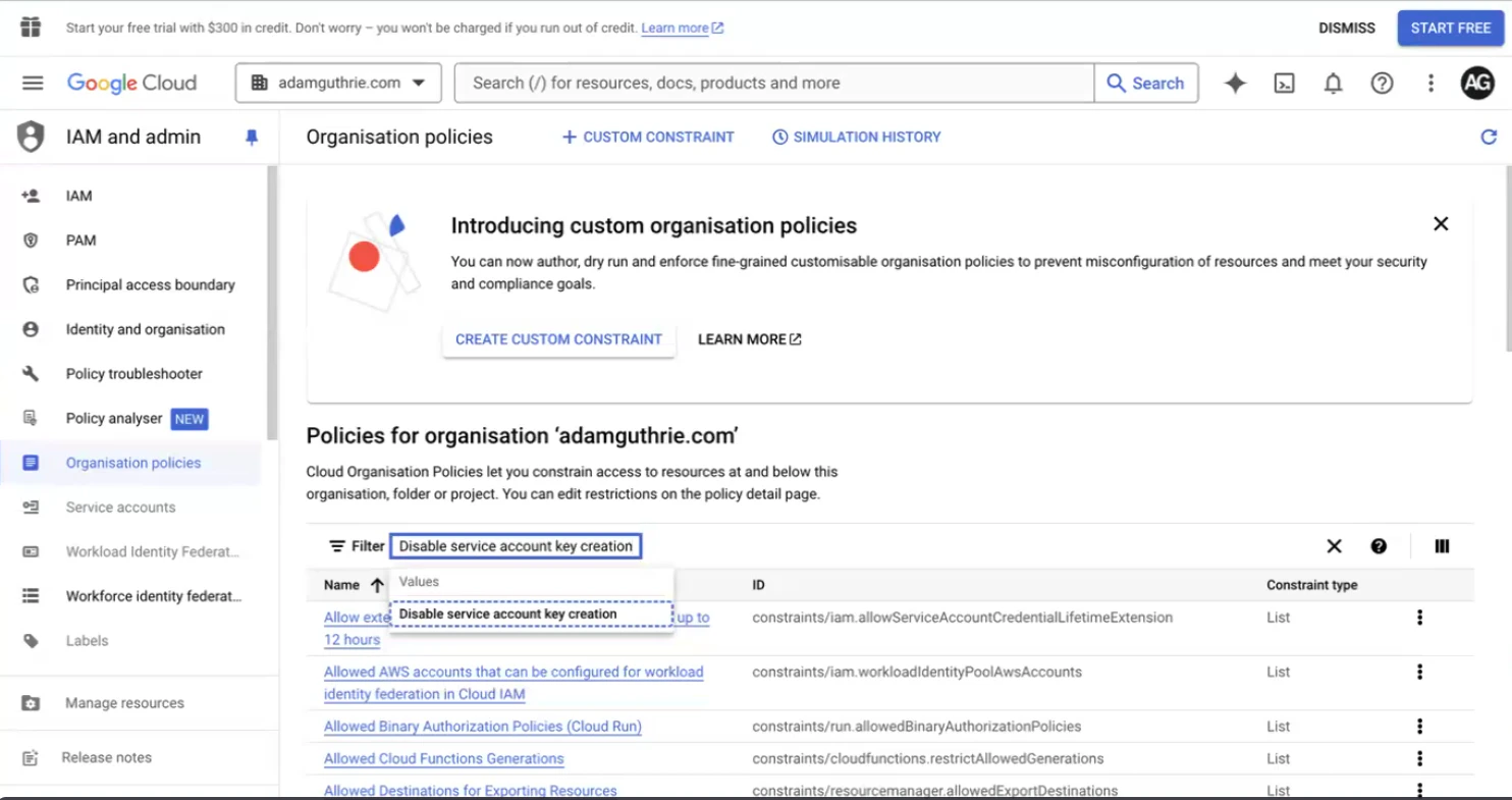Disable service account key creation search