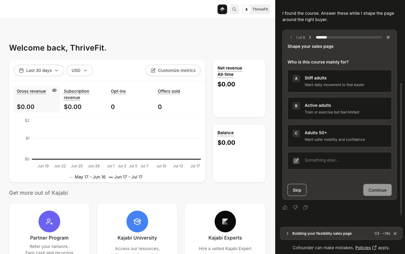 Cofounder's Action Panel showing lettered A, B, and C options with Skip and Continue buttons