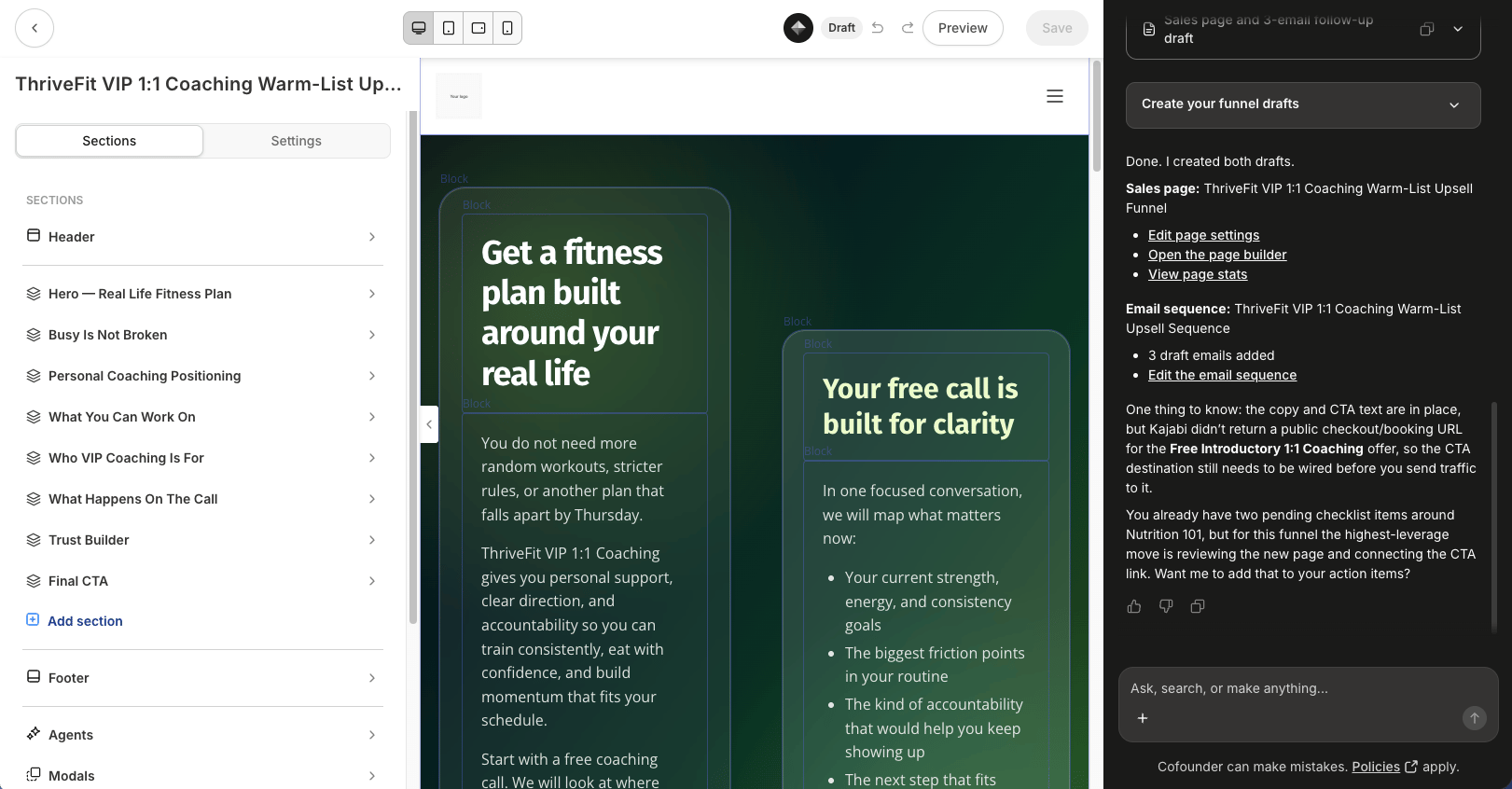 Cofounder confirming it created a sales page and email sequence draft, with links to review each one