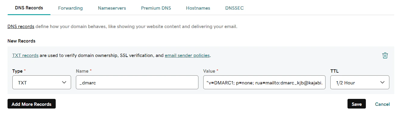 Example of DMARC record added to GoDaddy