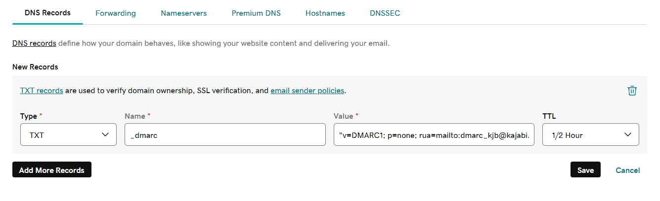 Example of DMARC record added to GoDaddy