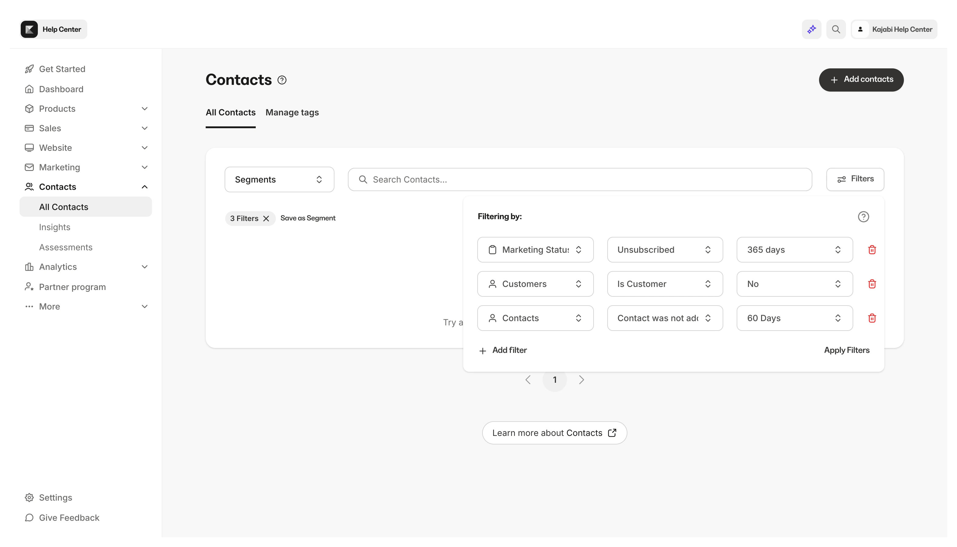 Delete contacts filter example