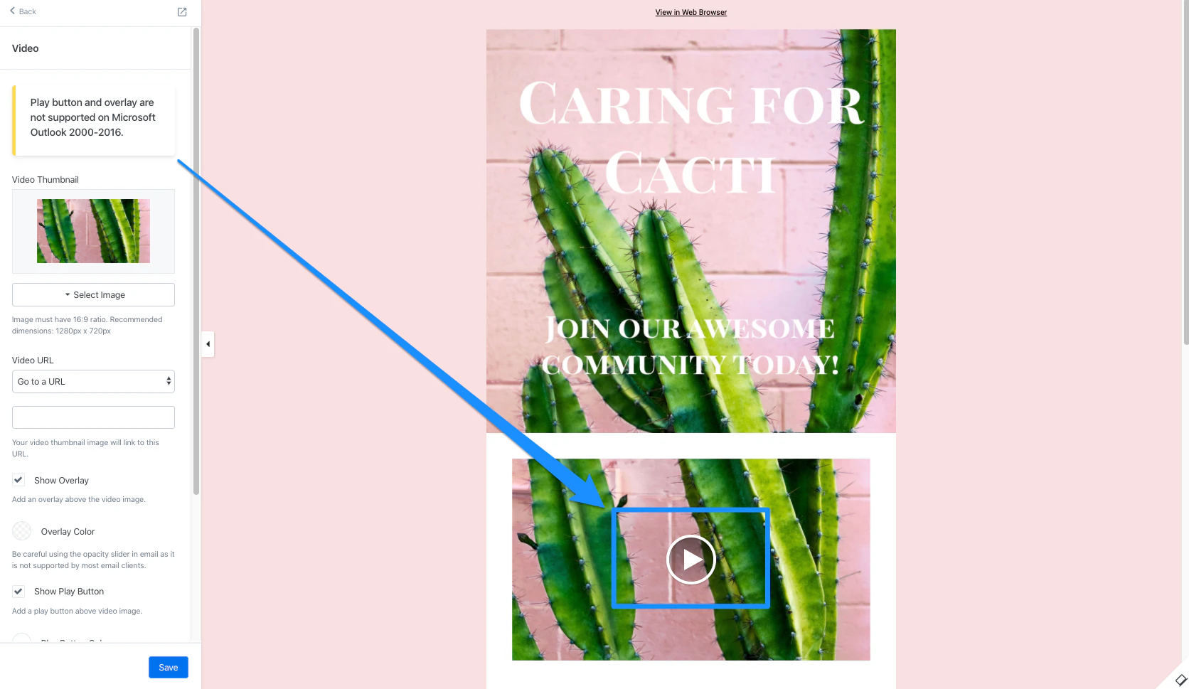 Video thumbnail with play button