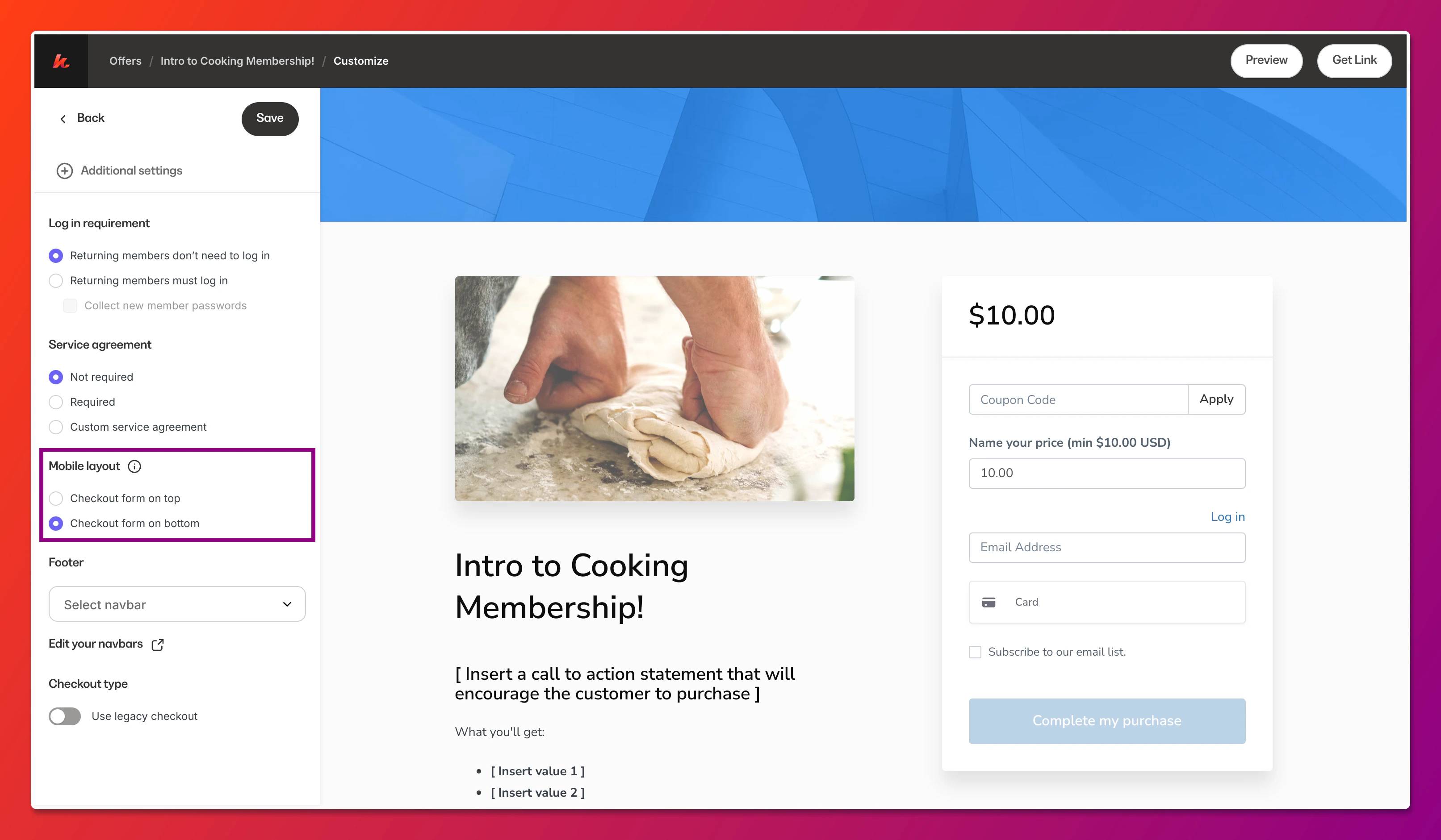 Mobile checkout with form below content
