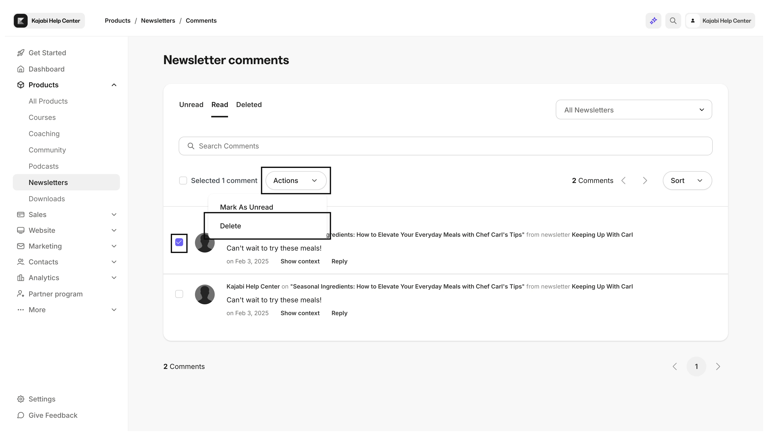 Delete comment action