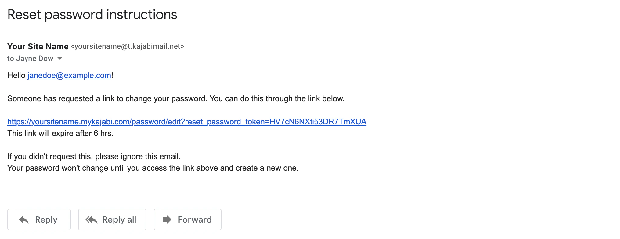 Password reset email