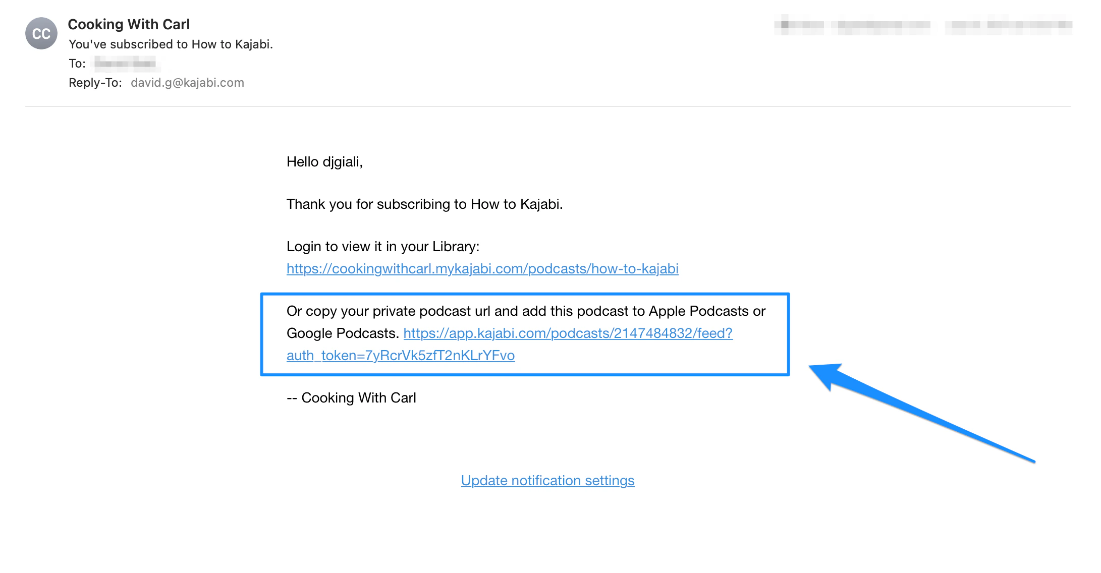 Private Podcast URL in email