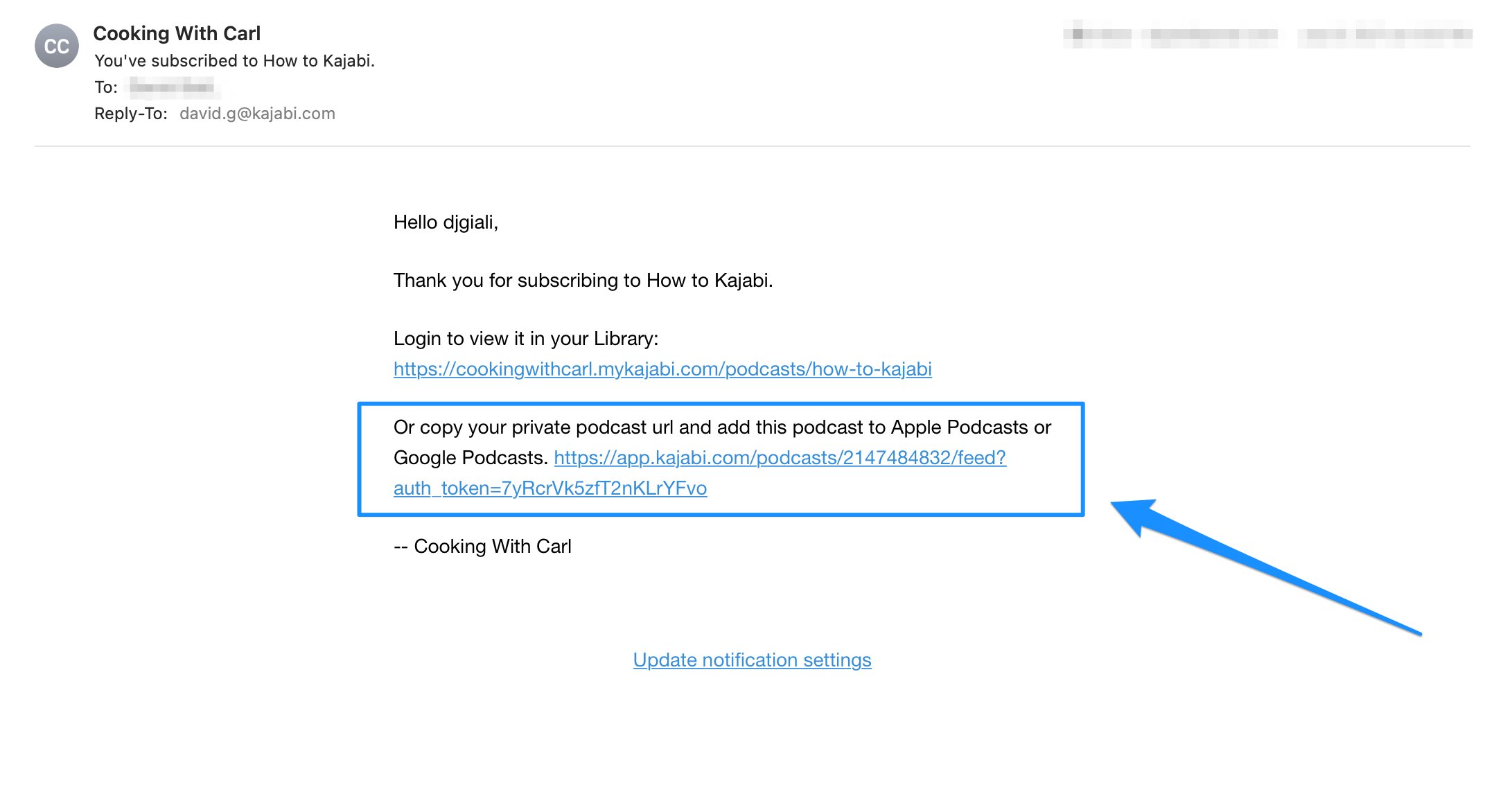 Private Podcast URL in email