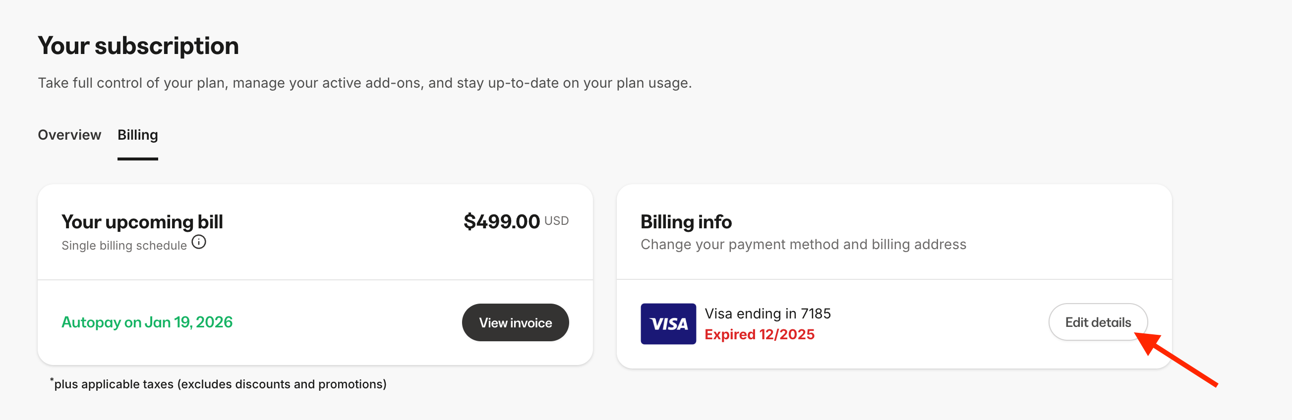 Click Edit details on the Billing tab to update your payment method in Kajabi