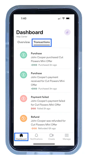 Creator App Transactions Tab