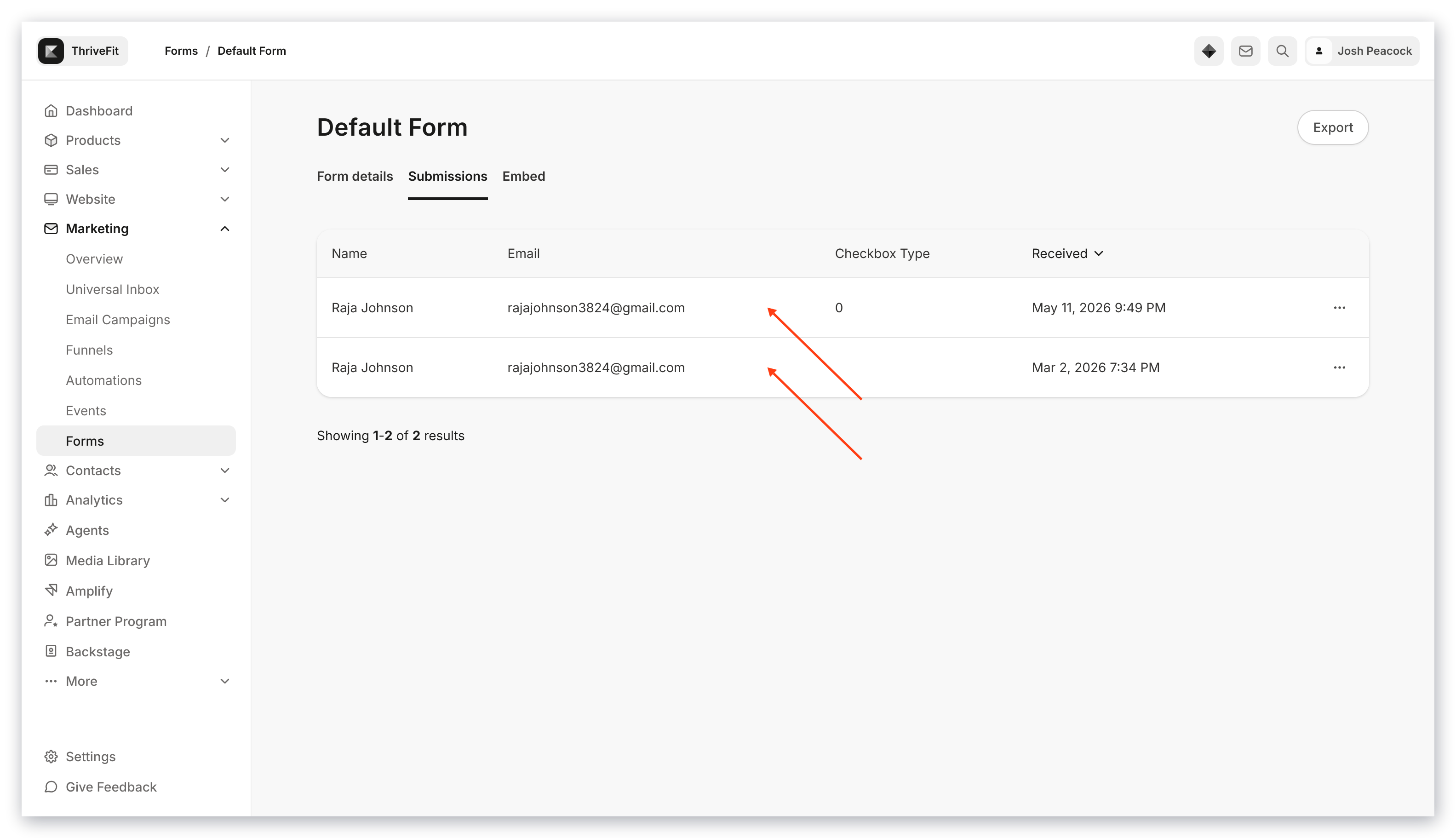 Form submissions in Form Editor