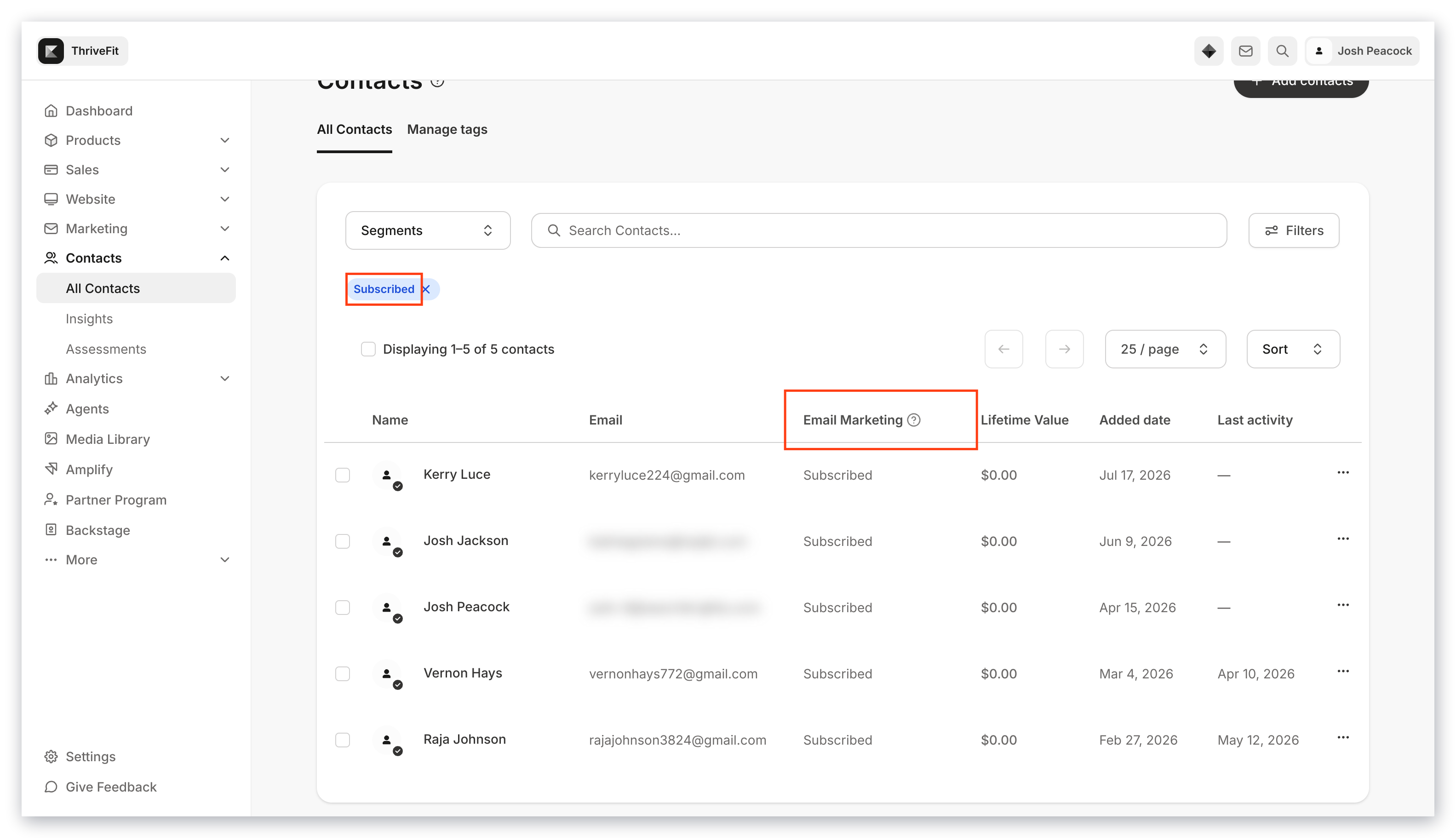 Form submissions in Contacts tab